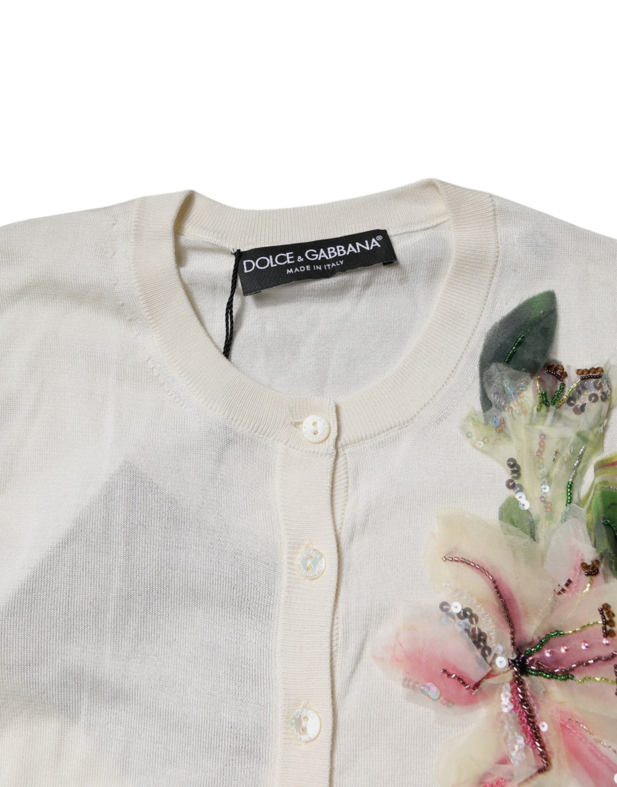 New Dolce & Gabbana Cream Floral Silk Embellished Cardigan Sweater