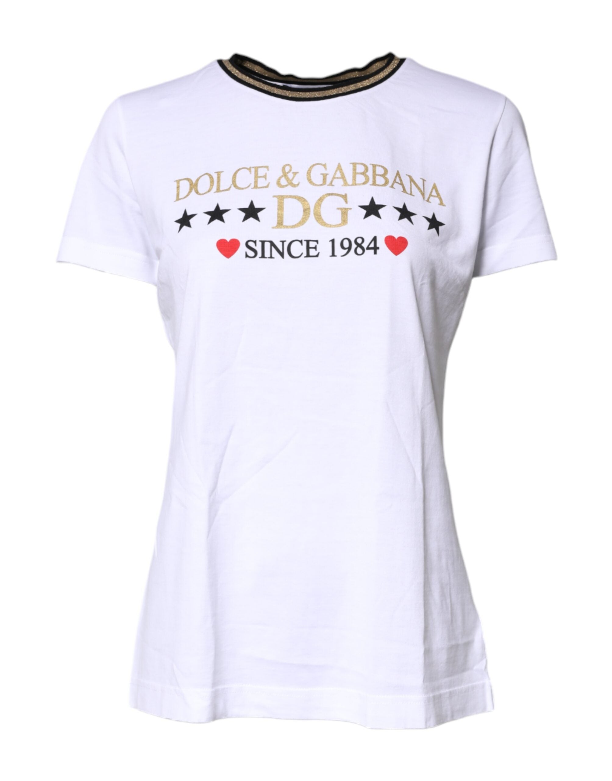 New Dolce & Gabbana White Printed Round Neck Top Cotton T-shirt