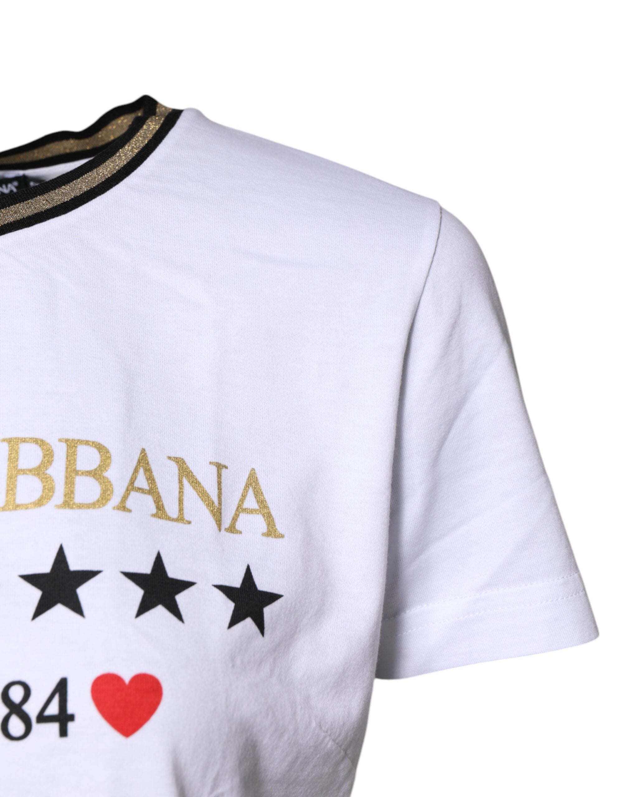 New Dolce & Gabbana White Printed Round Neck Top Cotton T-shirt