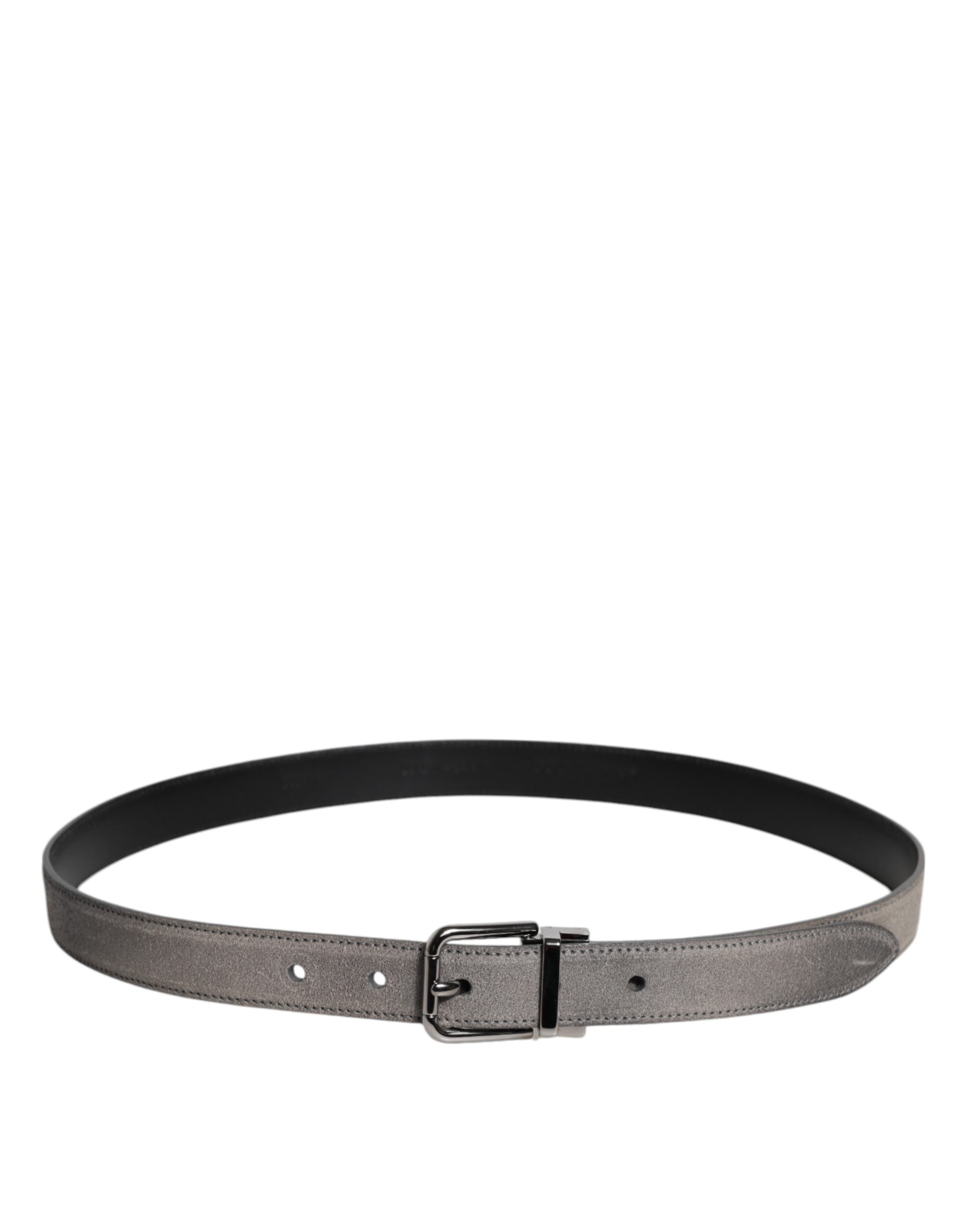 New Dolce & Gabbana Gray Leather Silver Tone Metal Buckle Belt
