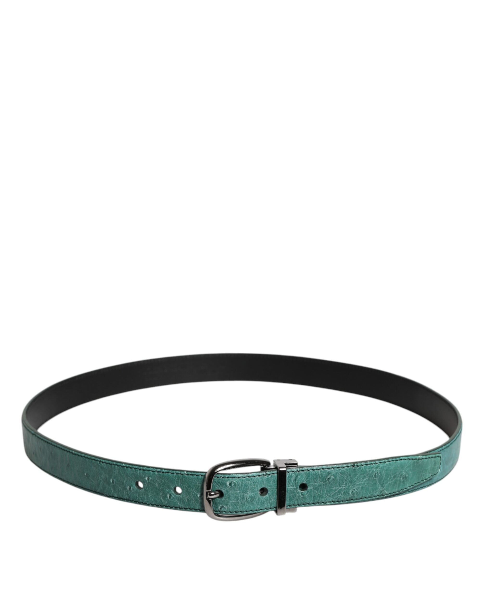 New Dolce & Gabbana Green Leather Silver Tone Metal Buckle Belt