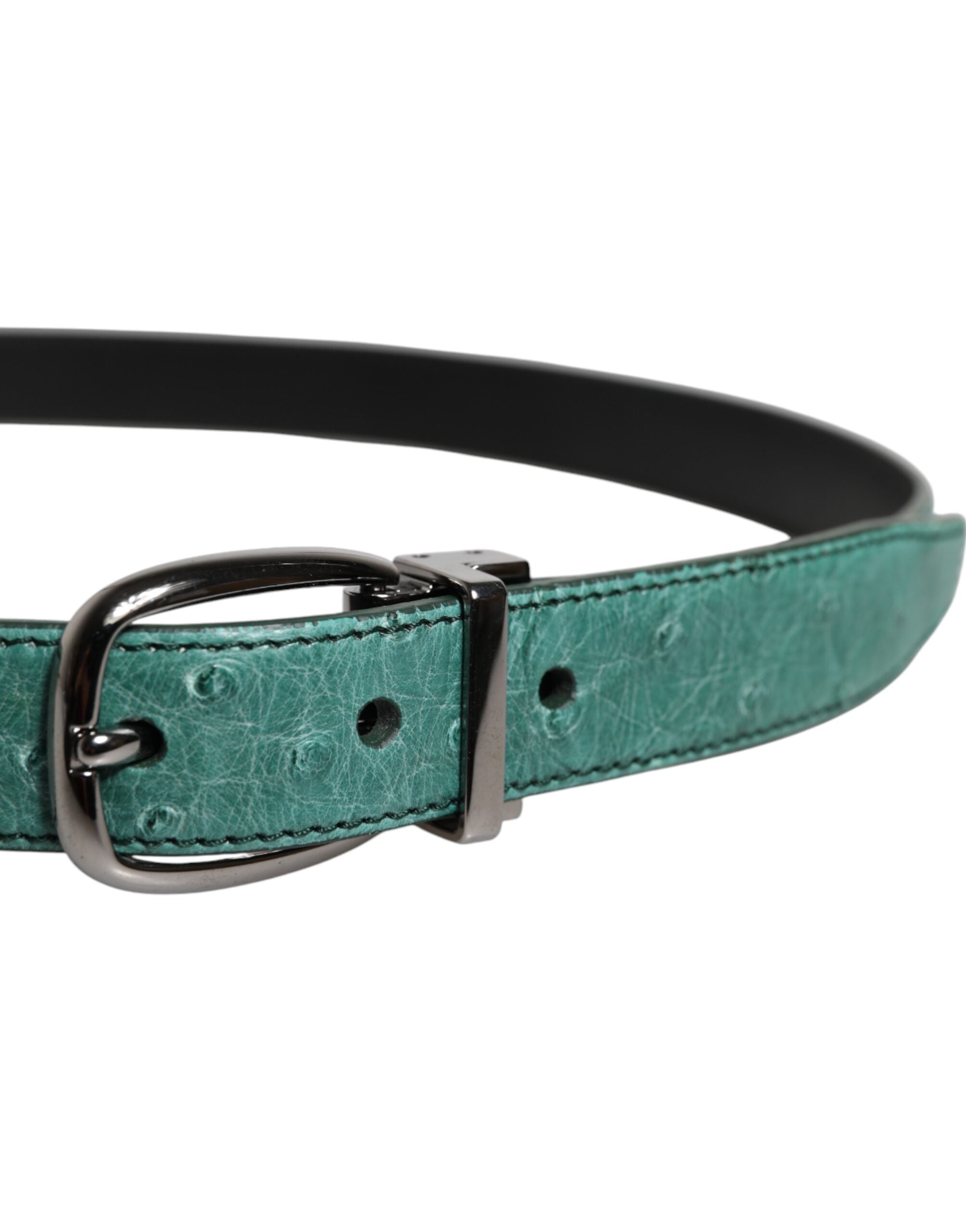 New Dolce & Gabbana Green Leather Silver Tone Metal Buckle Belt