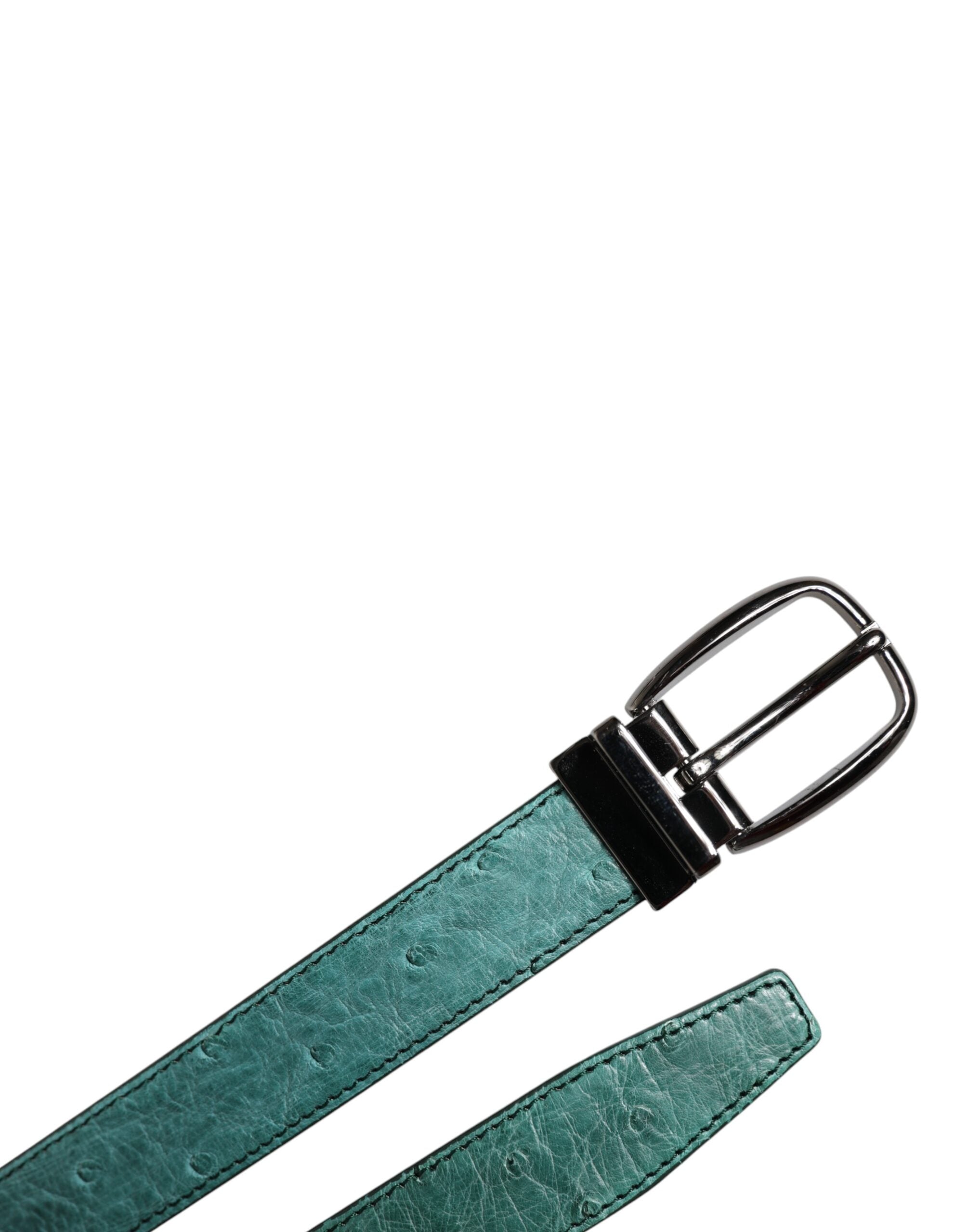 New Dolce & Gabbana Green Leather Silver Tone Metal Buckle Belt