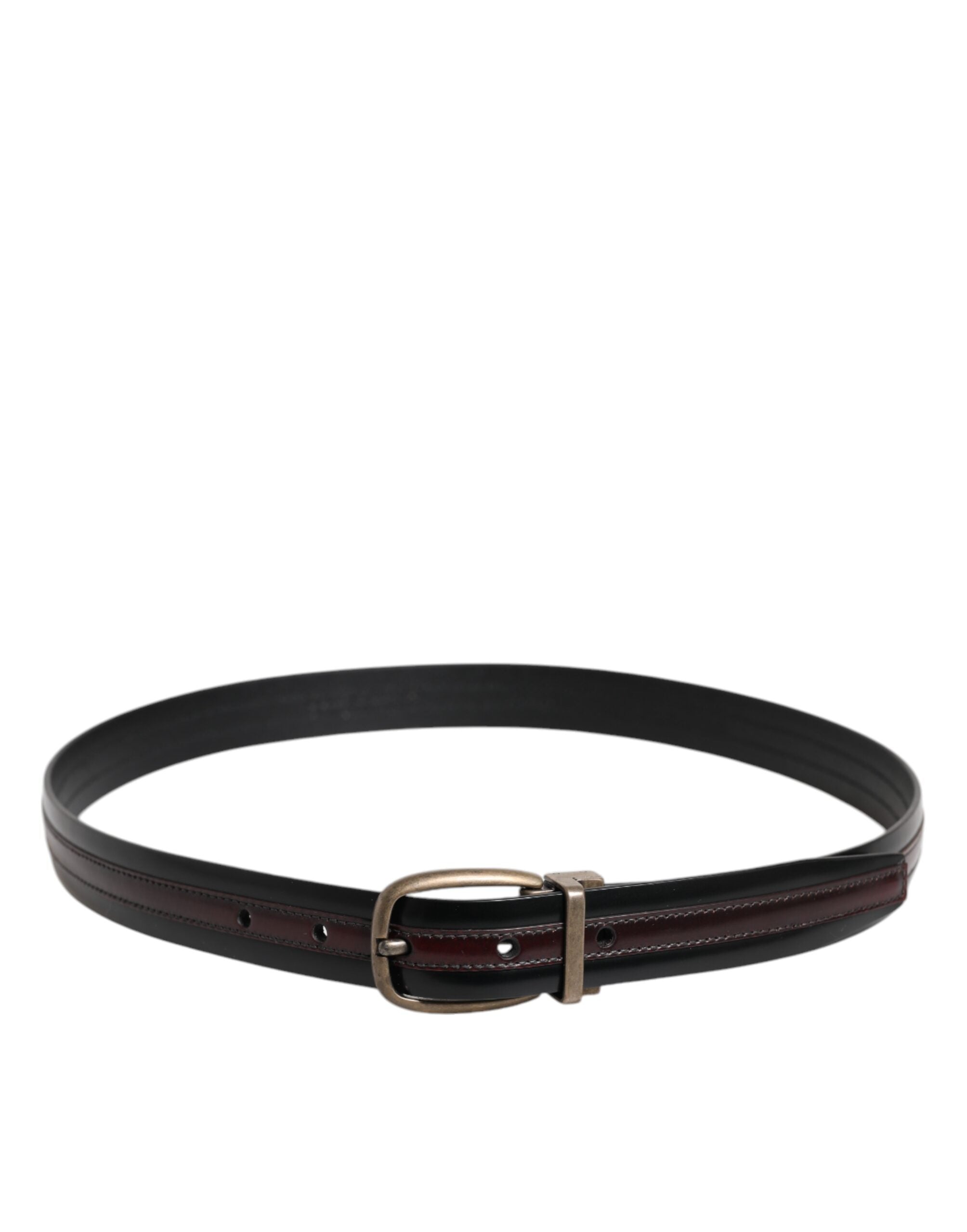 New Dolce & Gabbana Black Burgundy Calfskin Metal Logo Buckle Belt