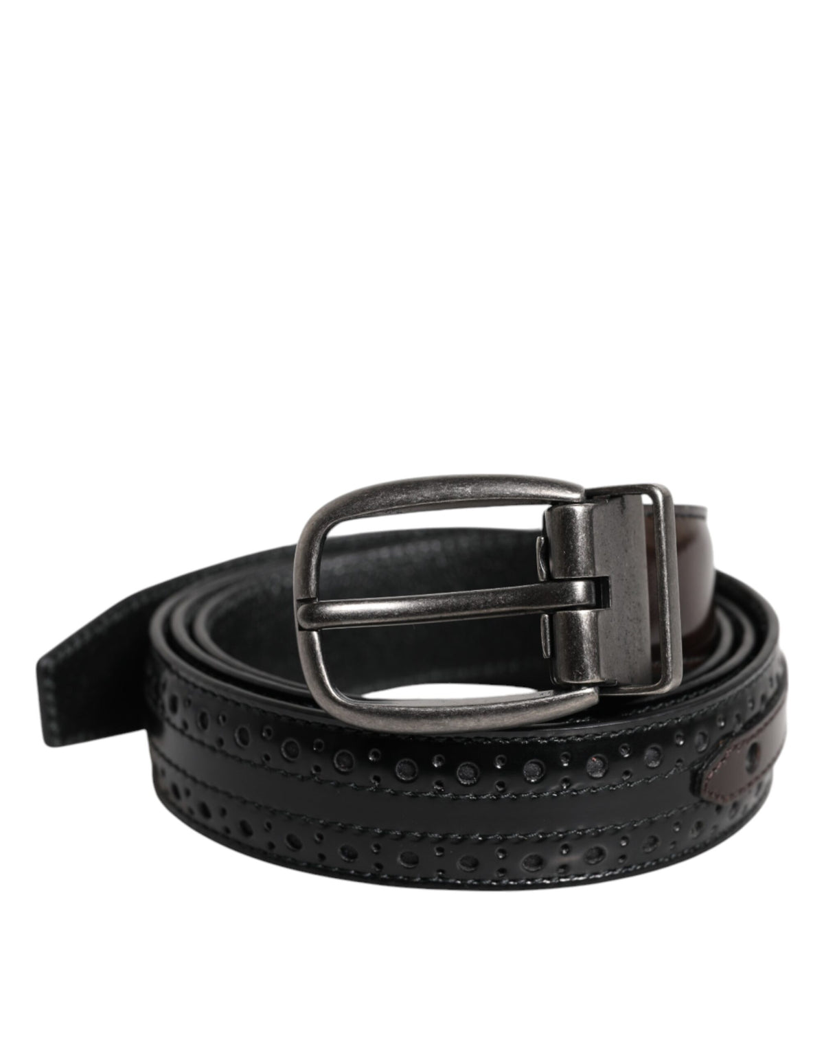New Dolce & Gabbana Black Brown Leather Classic Metal Buckle Belt