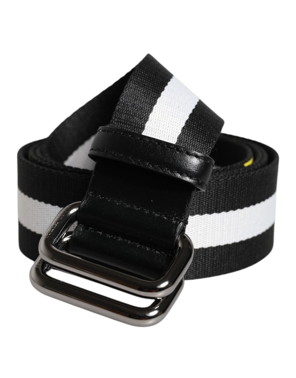 New Dolce & Gabbana Black Yellow Logo Striped Metal Buckle Belt