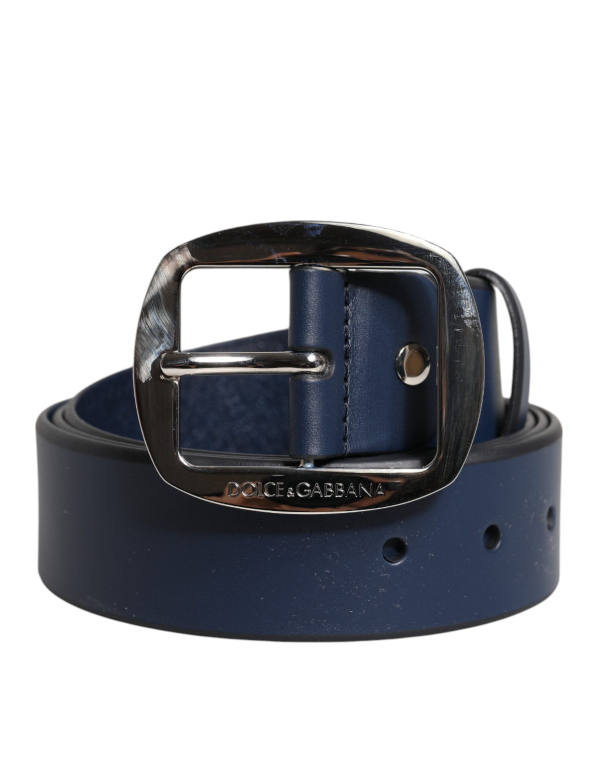 New Dolce & Gabbana Blue Calf Leather Classic Metal Buckle Belt