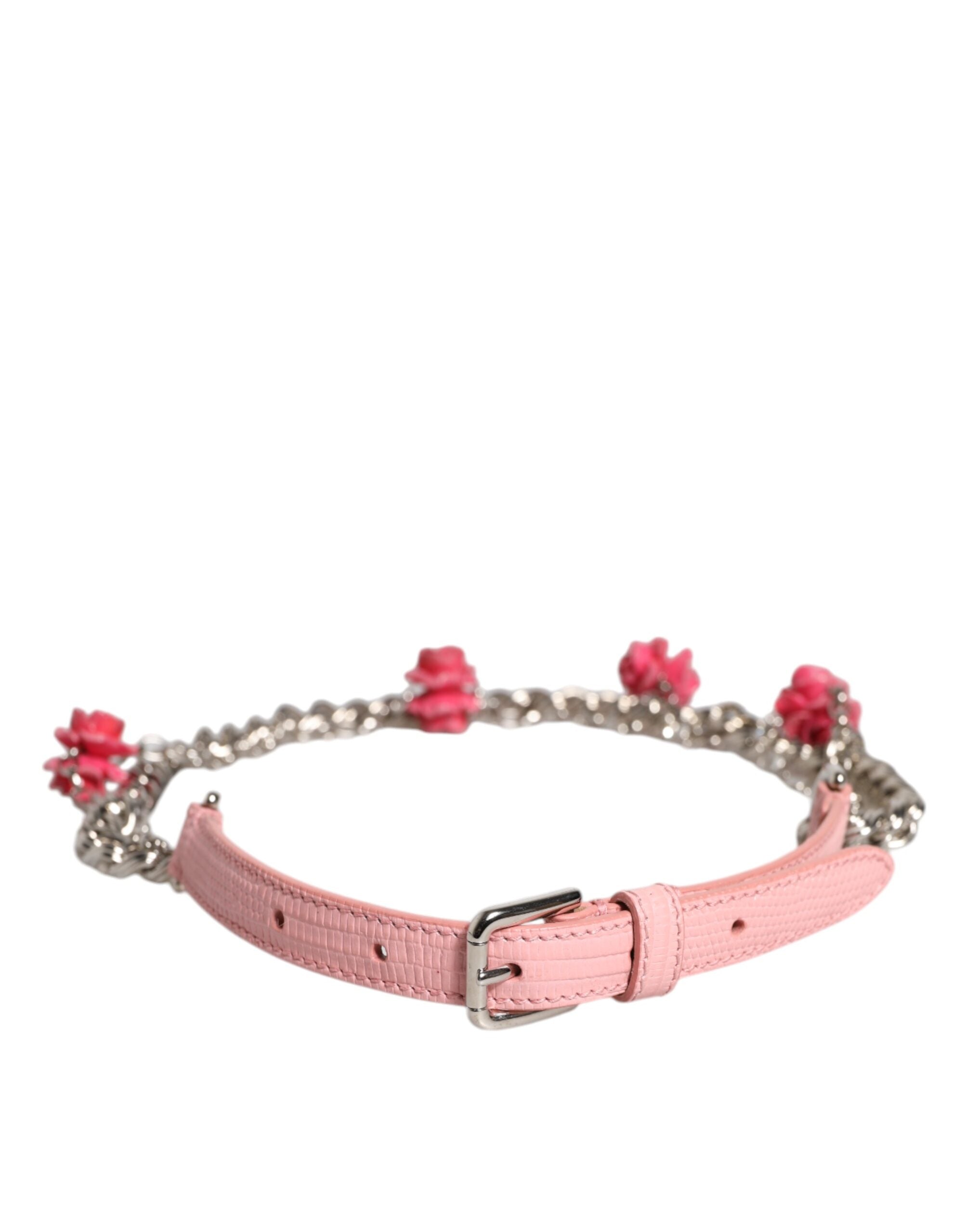 New Dolce & Gabbana Pink Embelished Roses Textured Leather Belt