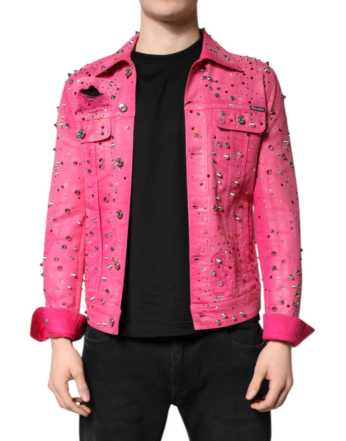 New Dolce & Gabbana Pink Crystal Embellished Cotton Denim Jacket