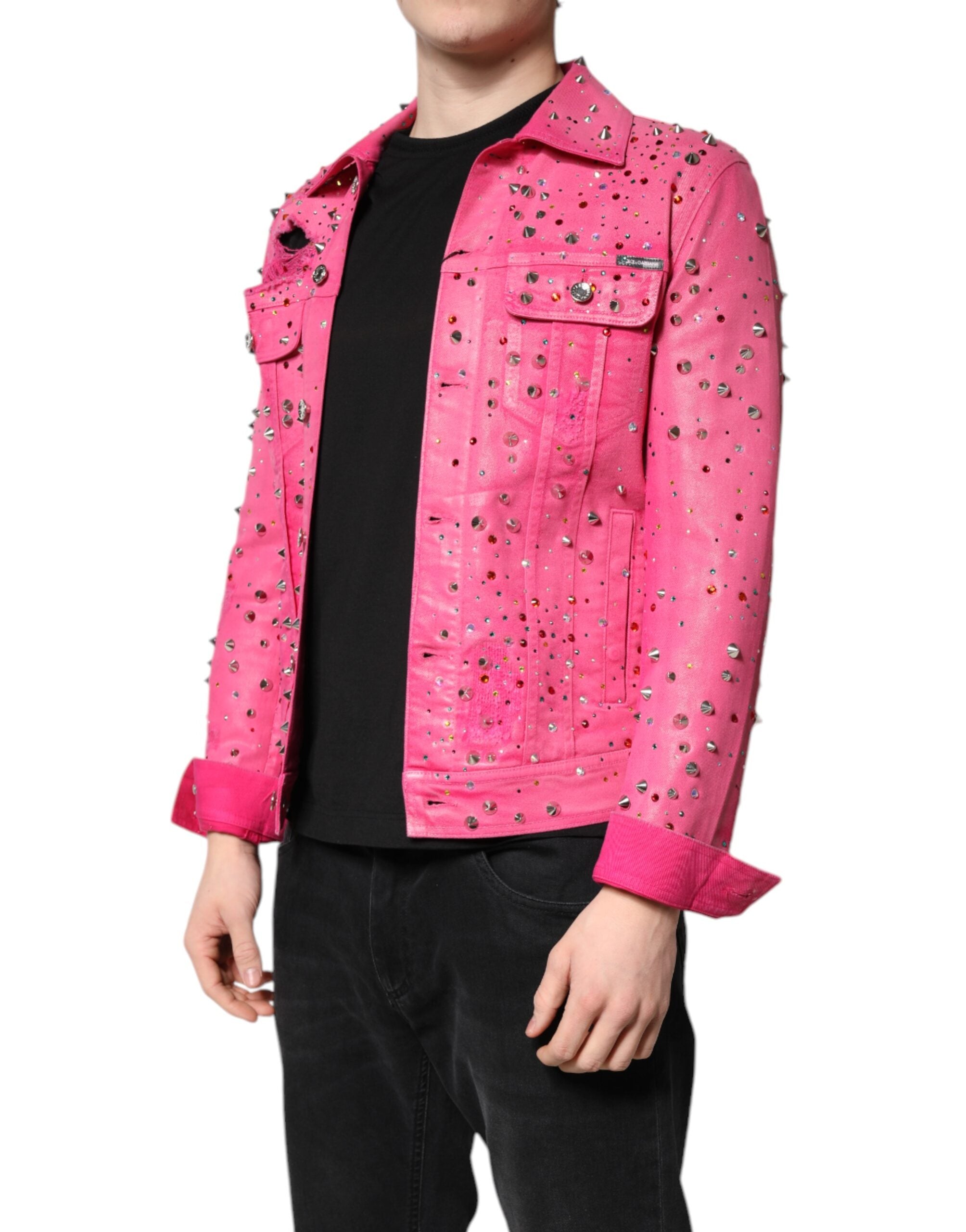 New Dolce & Gabbana Pink Crystal Embellished Cotton Denim Jacket