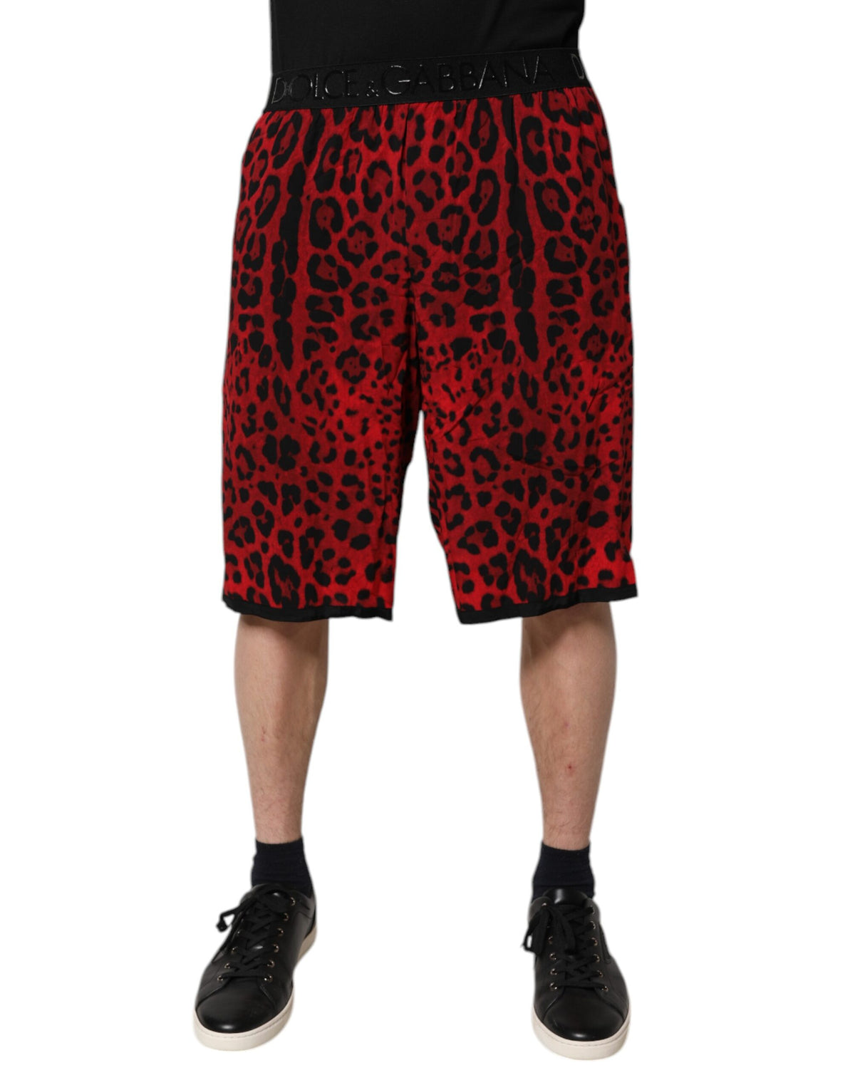 New Dolce & Gabbana Red Leopard Print Viscose Bermuda Shorts