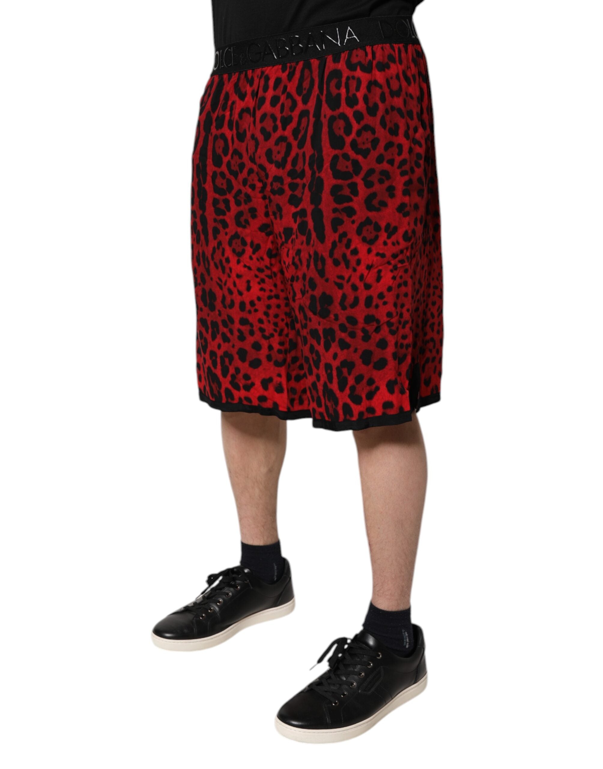 New Dolce & Gabbana Red Leopard Print Viscose Bermuda Shorts