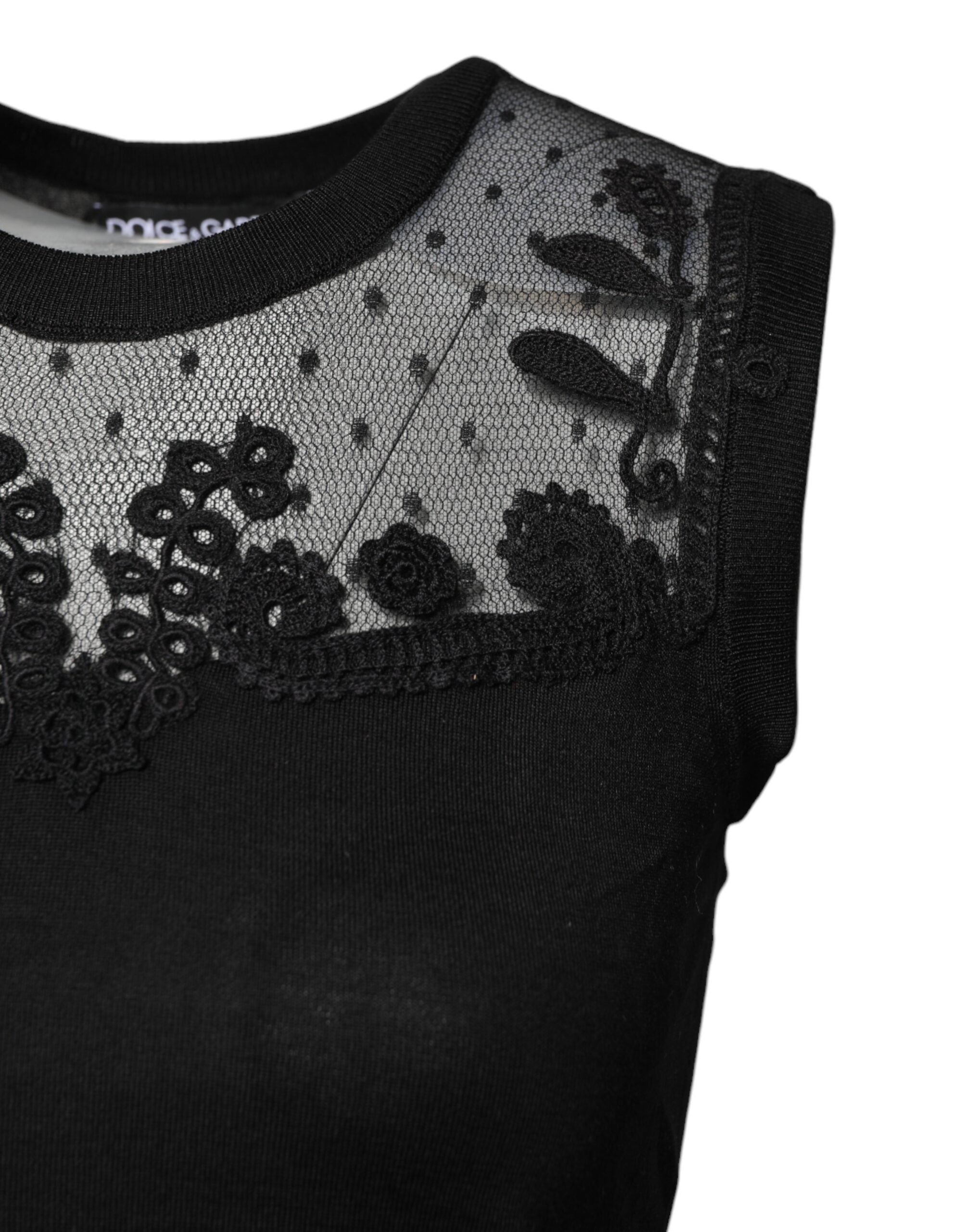 Dolce & Gabbana Black Lace Sheer Crew Neck Sleeveless Top