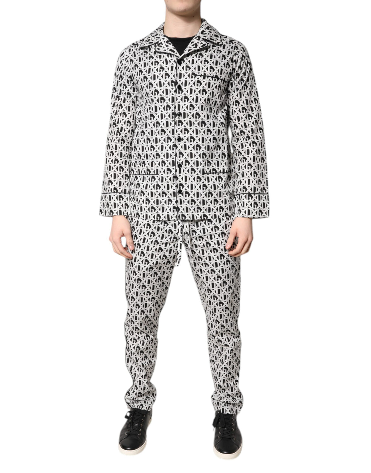 New Dolce & Gabbana Black White DG Print Cotton Pajama Set Sleepwear