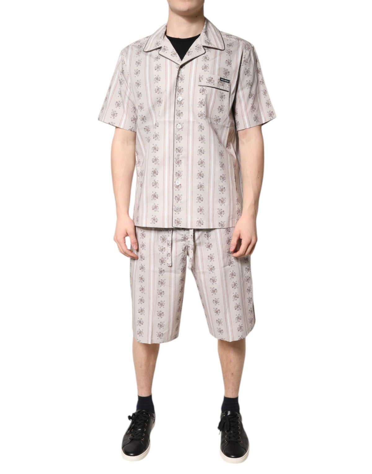 New Dolce & Gabbana Beige Floral Print Cotton Men Pajama Set Sleepwear