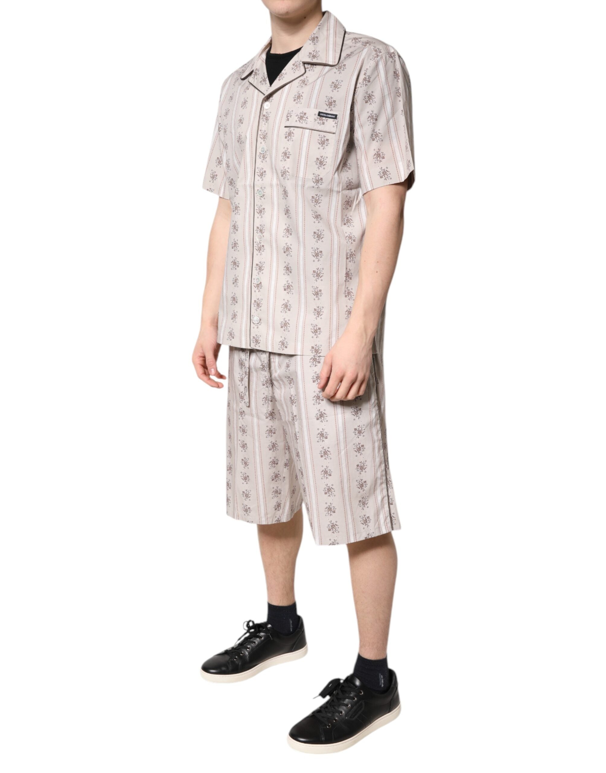 New Dolce & Gabbana Beige Floral Print Cotton Men Pajama Set Sleepwear