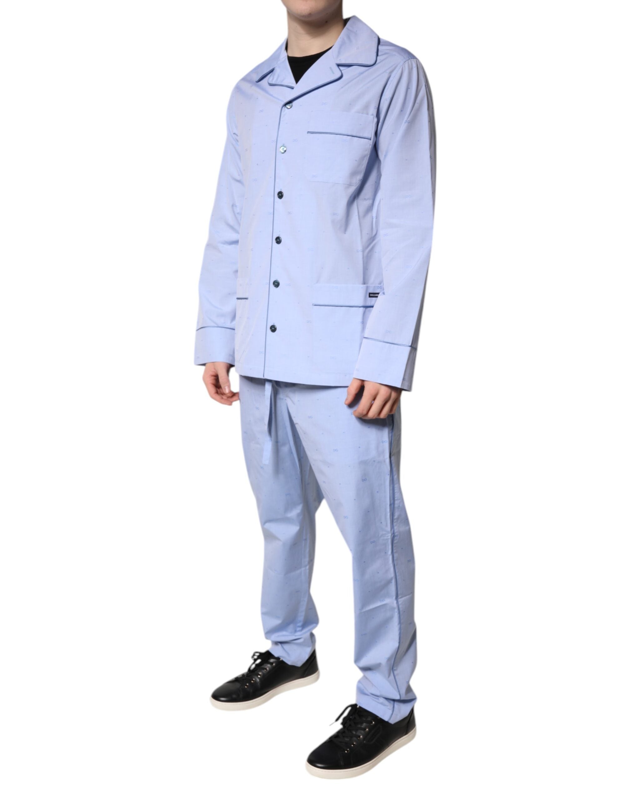 New Dolce & Gabbana Light Blue DG Logo Cotton Men Pajama Set Sleepwear