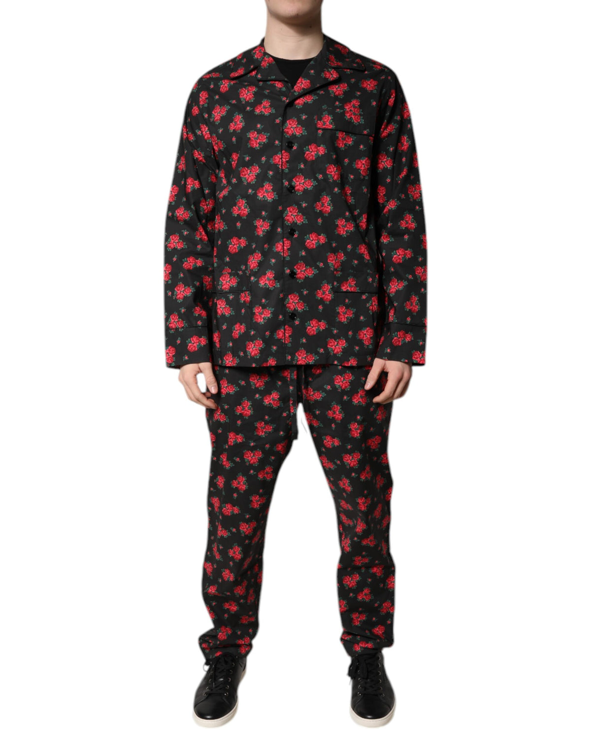 New Dolce & Gabbana Black Floral Print Cotton Men Pajama Set Sleepwear