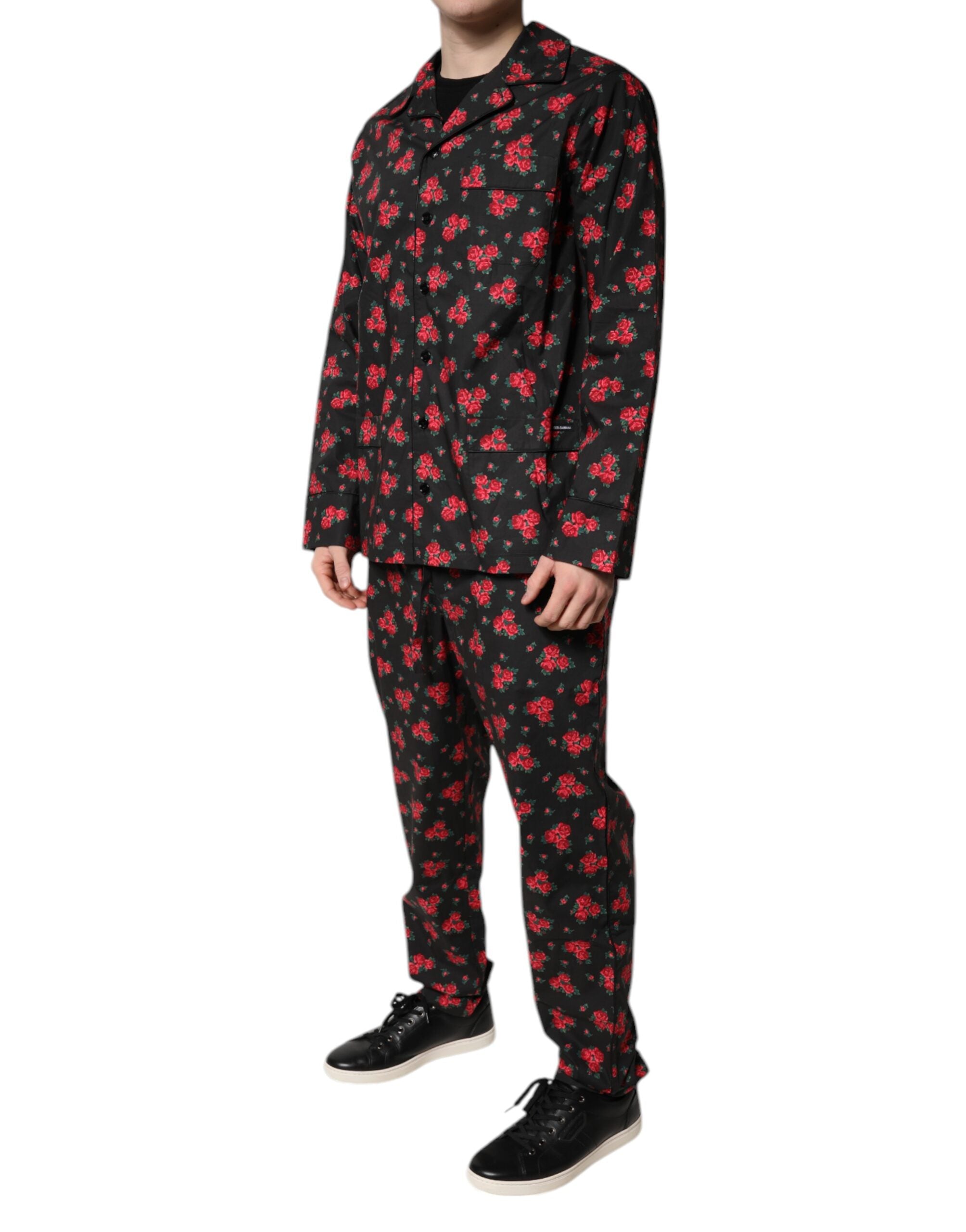 New Dolce & Gabbana Black Floral Print Cotton Men Pajama Set Sleepwear