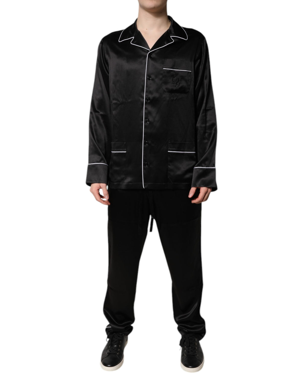 New Dolce & Gabbana Black Silk Shirt Pants Pajama Set Sleepwear