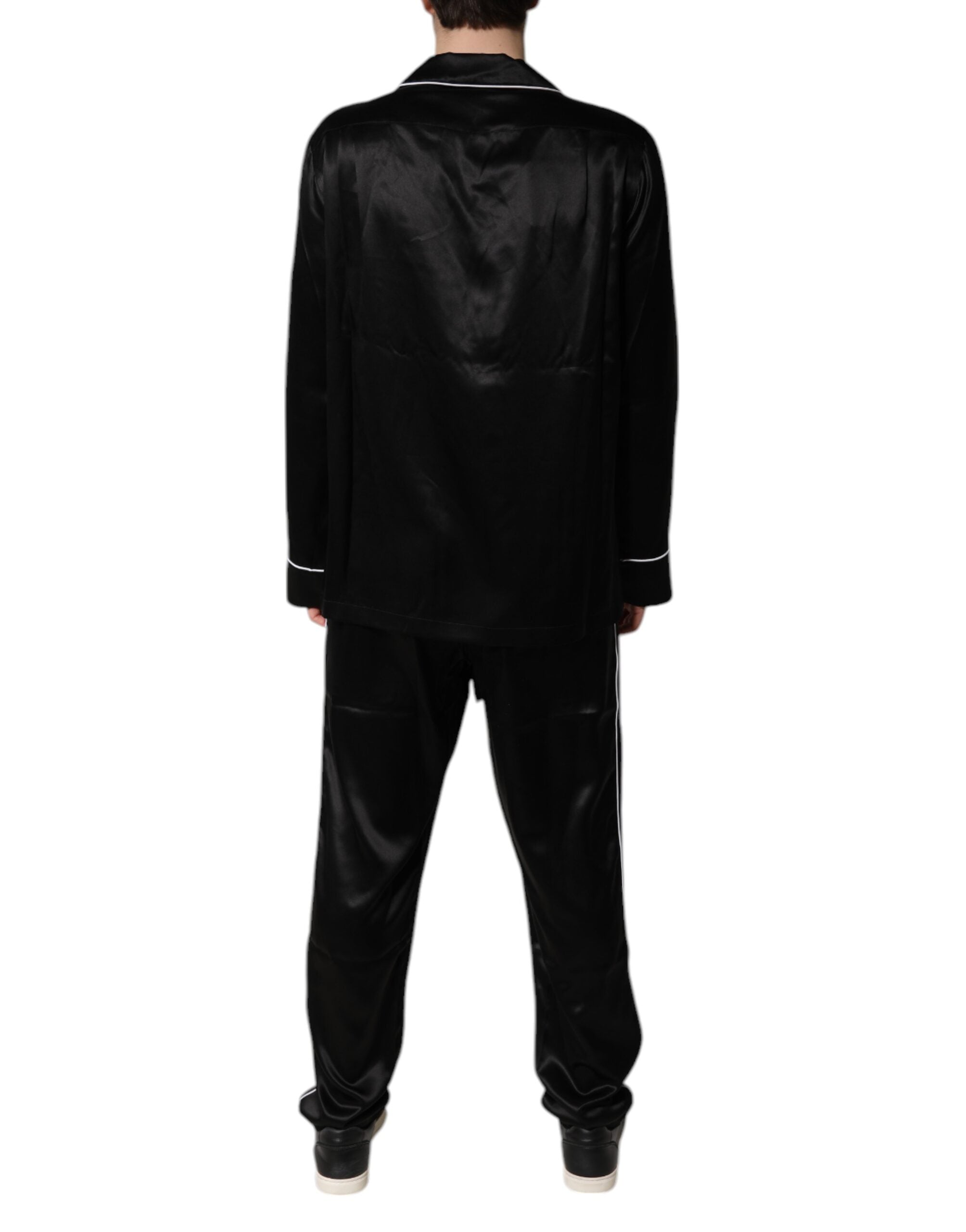 New Dolce & Gabbana Black Silk Shirt Pants Pajama Set Sleepwear
