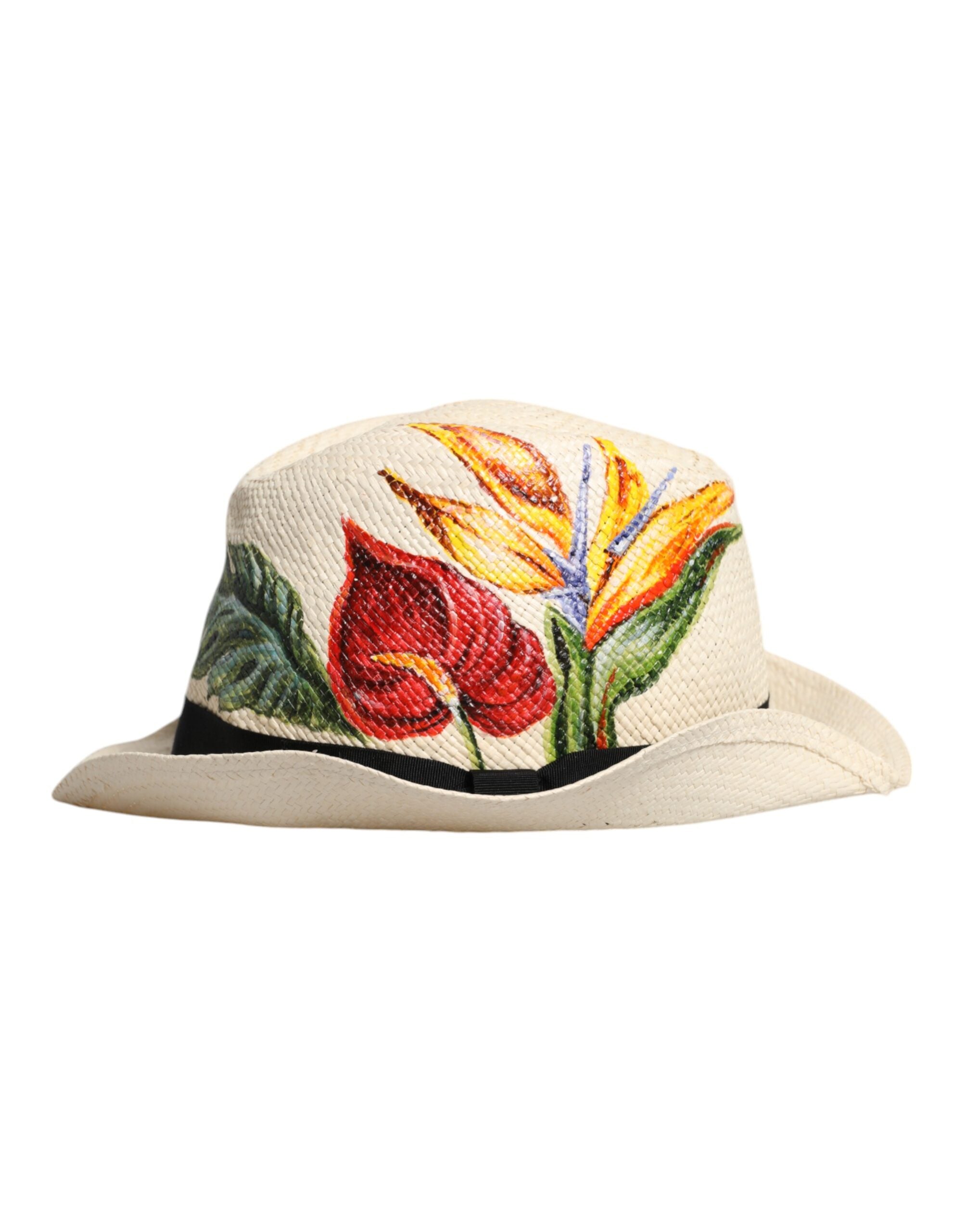 Dolce & Gabbana Beige Floral Print Straw Wide Brim Fedora Hat