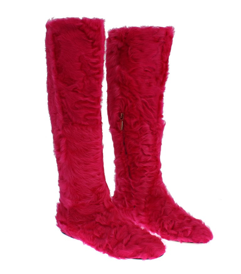 New Dolce & Gabbana Pink Lamb Fur Leather Flat Boots