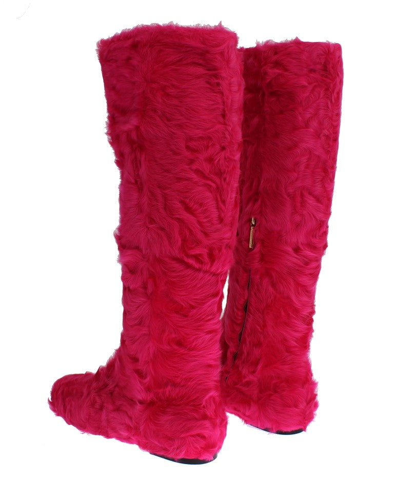 New Dolce & Gabbana Pink Lamb Fur Leather Flat Boots