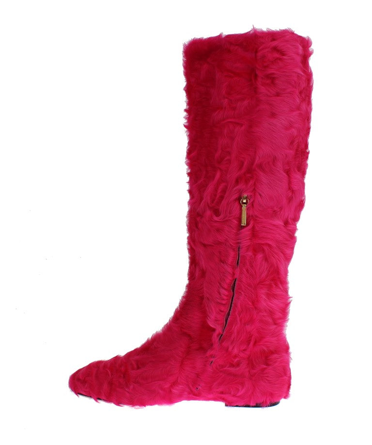 New Dolce & Gabbana Pink Lamb Fur Leather Flat Boots