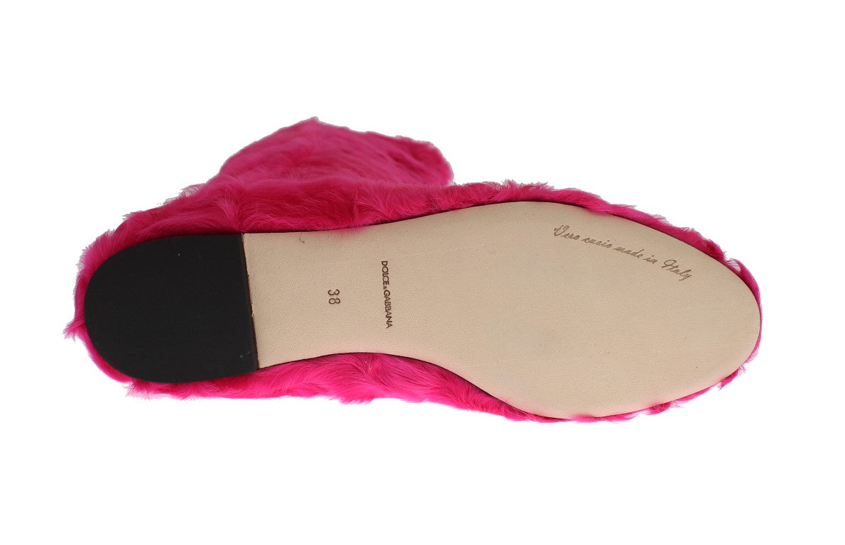 New Dolce & Gabbana Pink Lamb Fur Leather Flat Boots
