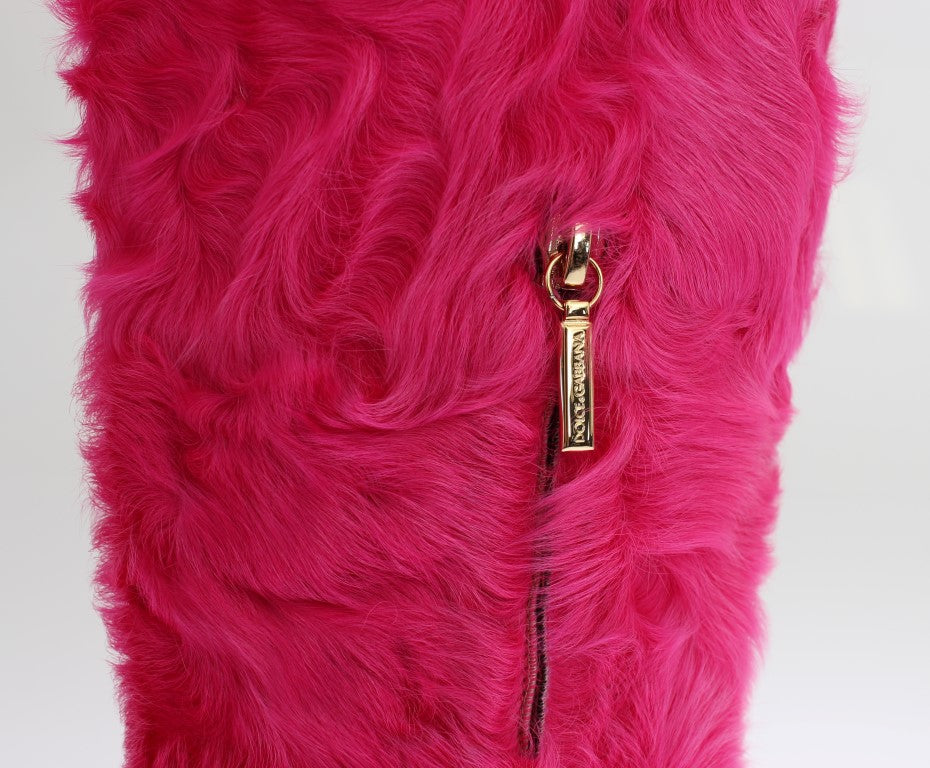 New Dolce & Gabbana Pink Lamb Fur Leather Flat Boots