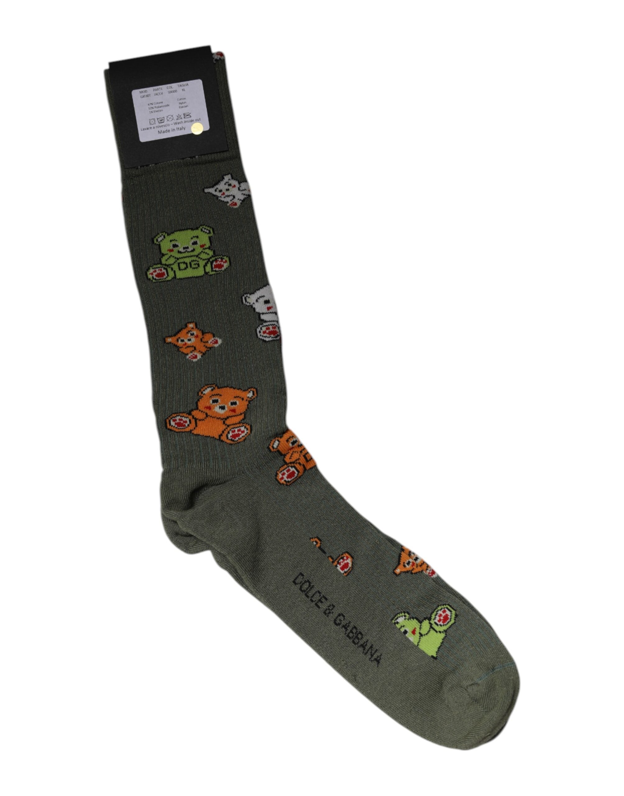 New Dolce & Gabbana Green Nylon DG Bear Printed Mid Calf Socks
