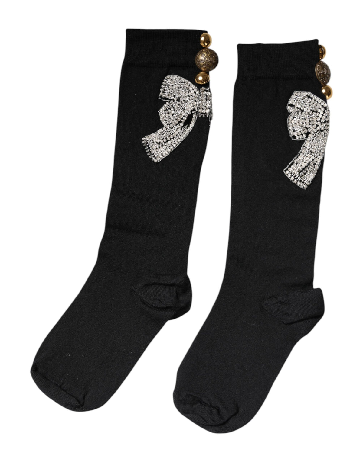 New Dolce & Gabbana Black Knit Floral Crystal Embellishment Socks