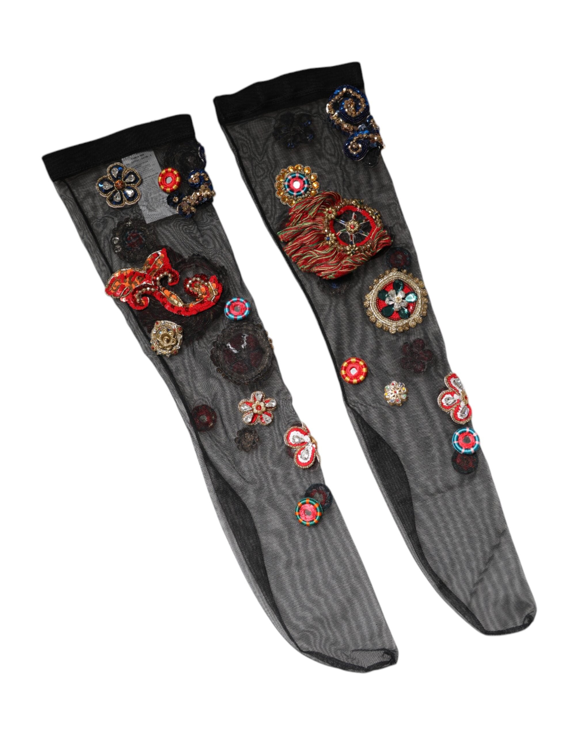 New Dolce & Gabbana Black Stretch Carretto Crystal Stockings Socks