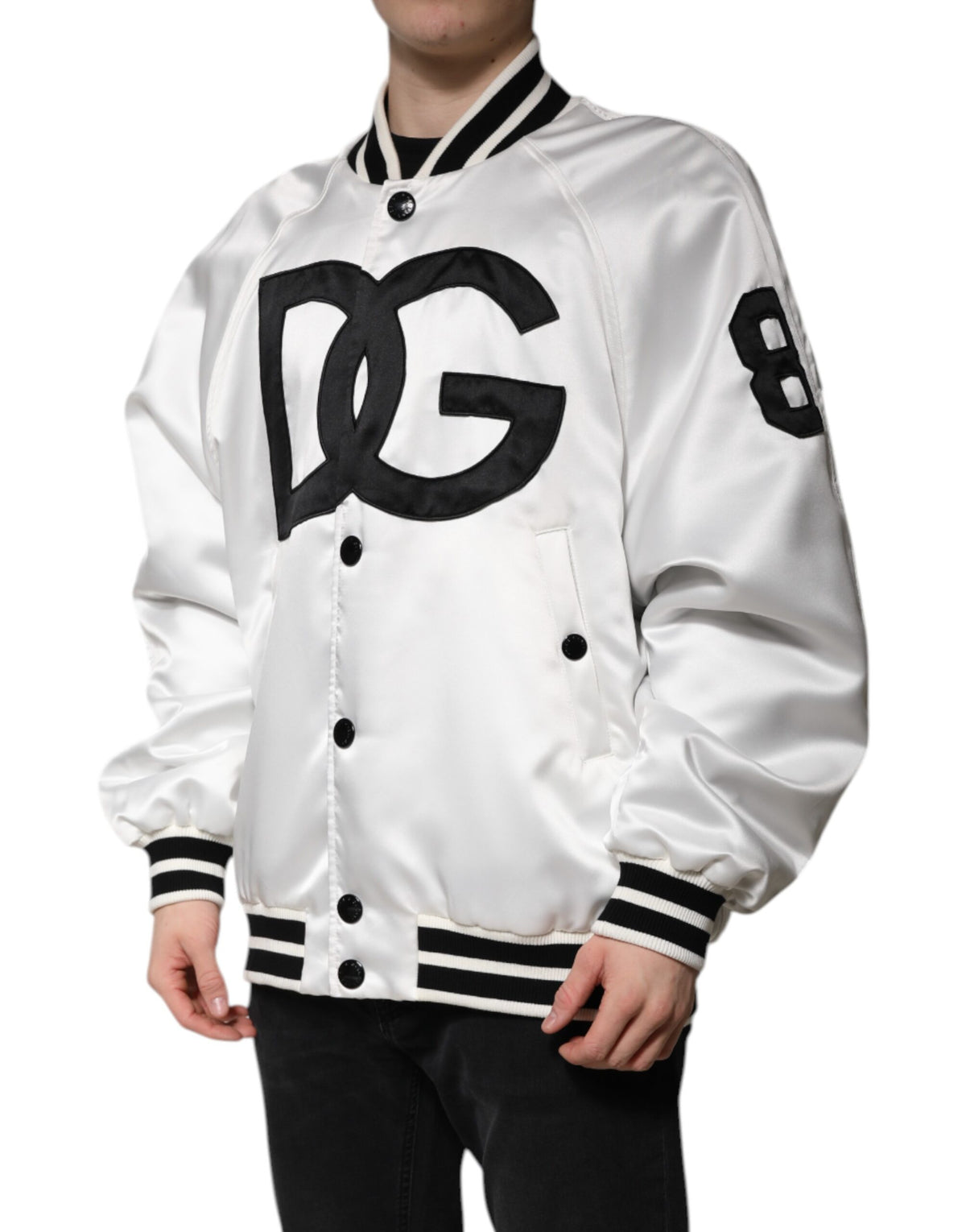 New Dolce & Gabbana White DG Logo Polyester Jersey Bomber Jacket