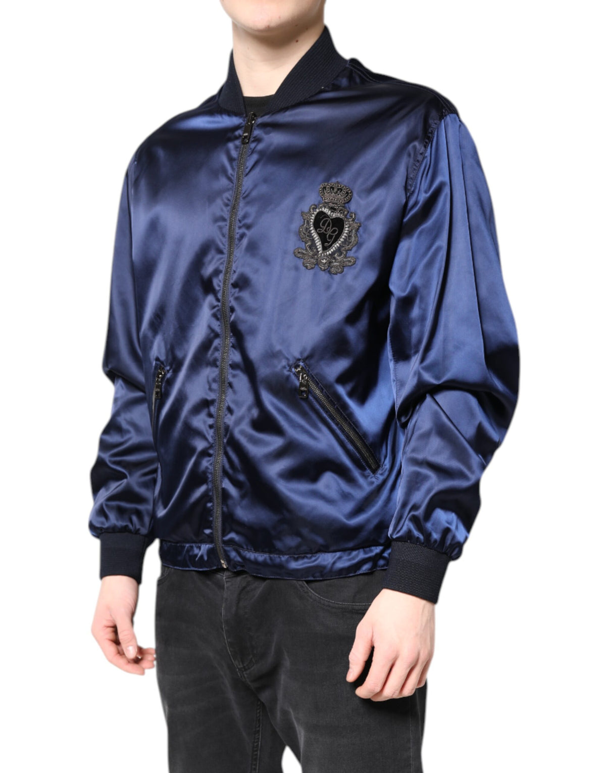 Dolce & Gabbana Blue Nylon DG Crown Full Zip Bomber Jacket