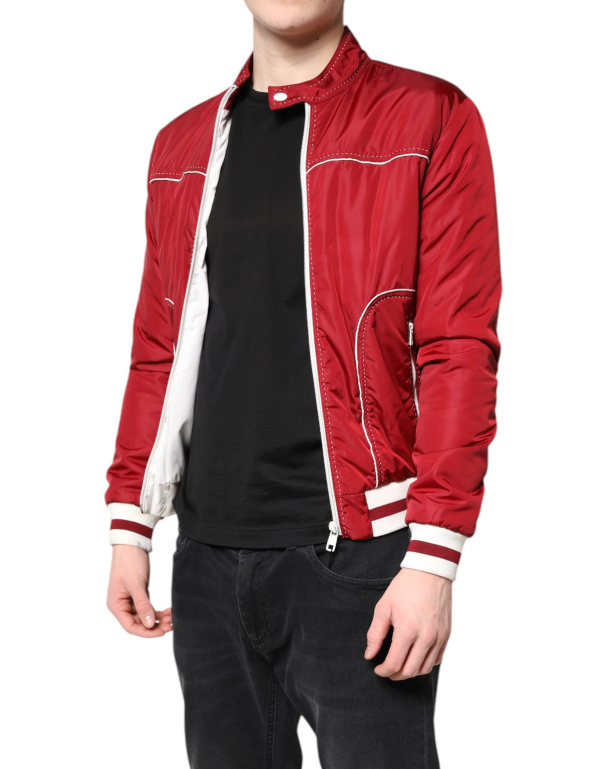 New Dolce & Gabbana Red White Nylon Full Zip Men Bomber Jacket