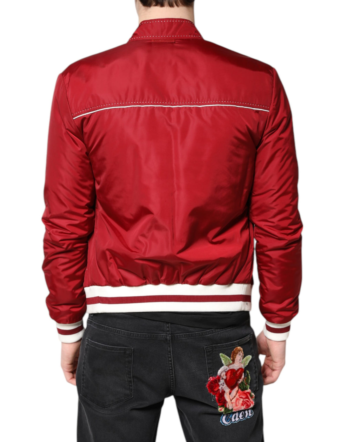 New Dolce & Gabbana Red White Nylon Full Zip Men Bomber Jacket