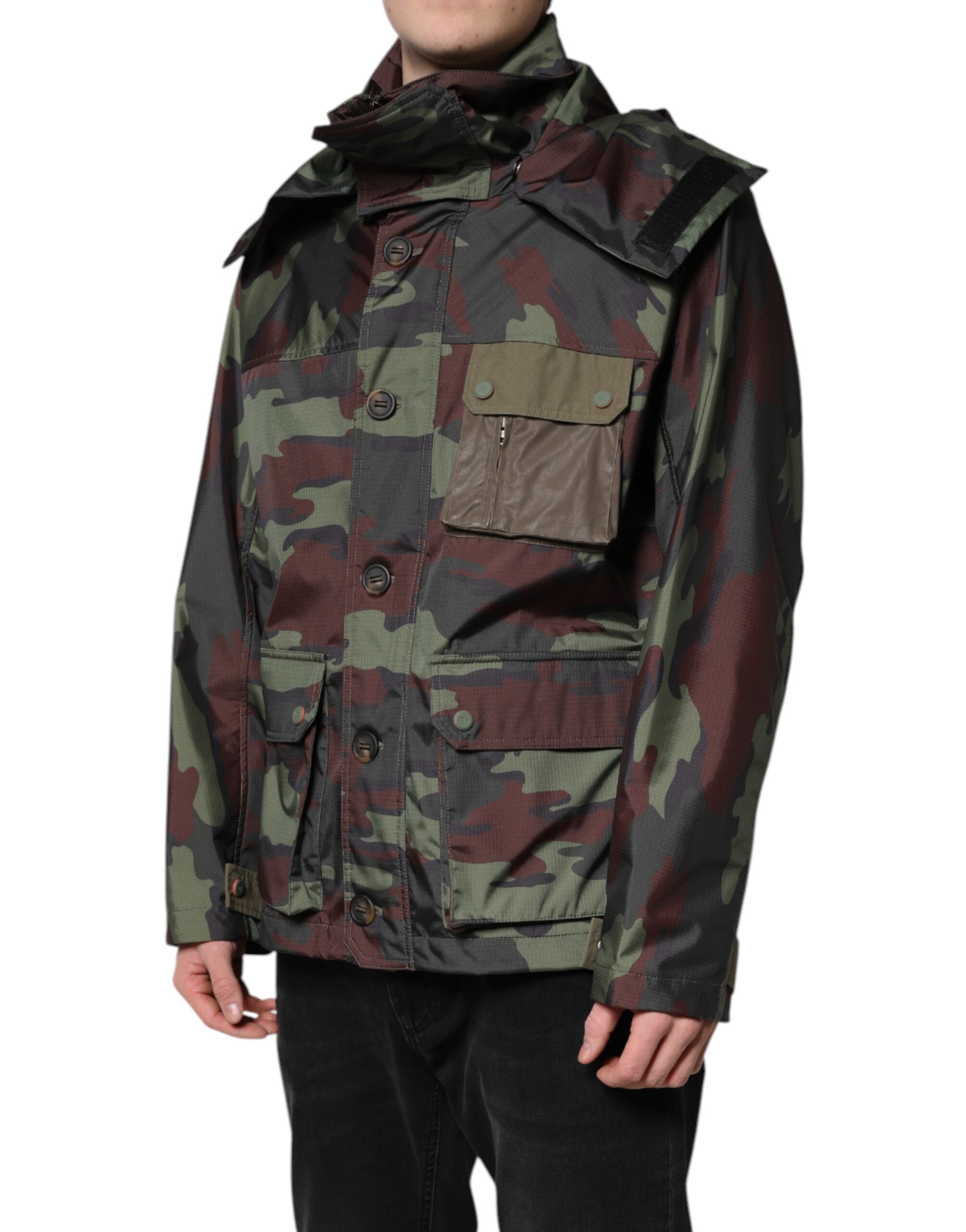 New Dolce & Gabbana Multicolor Camouflage Button Hooded Jacket