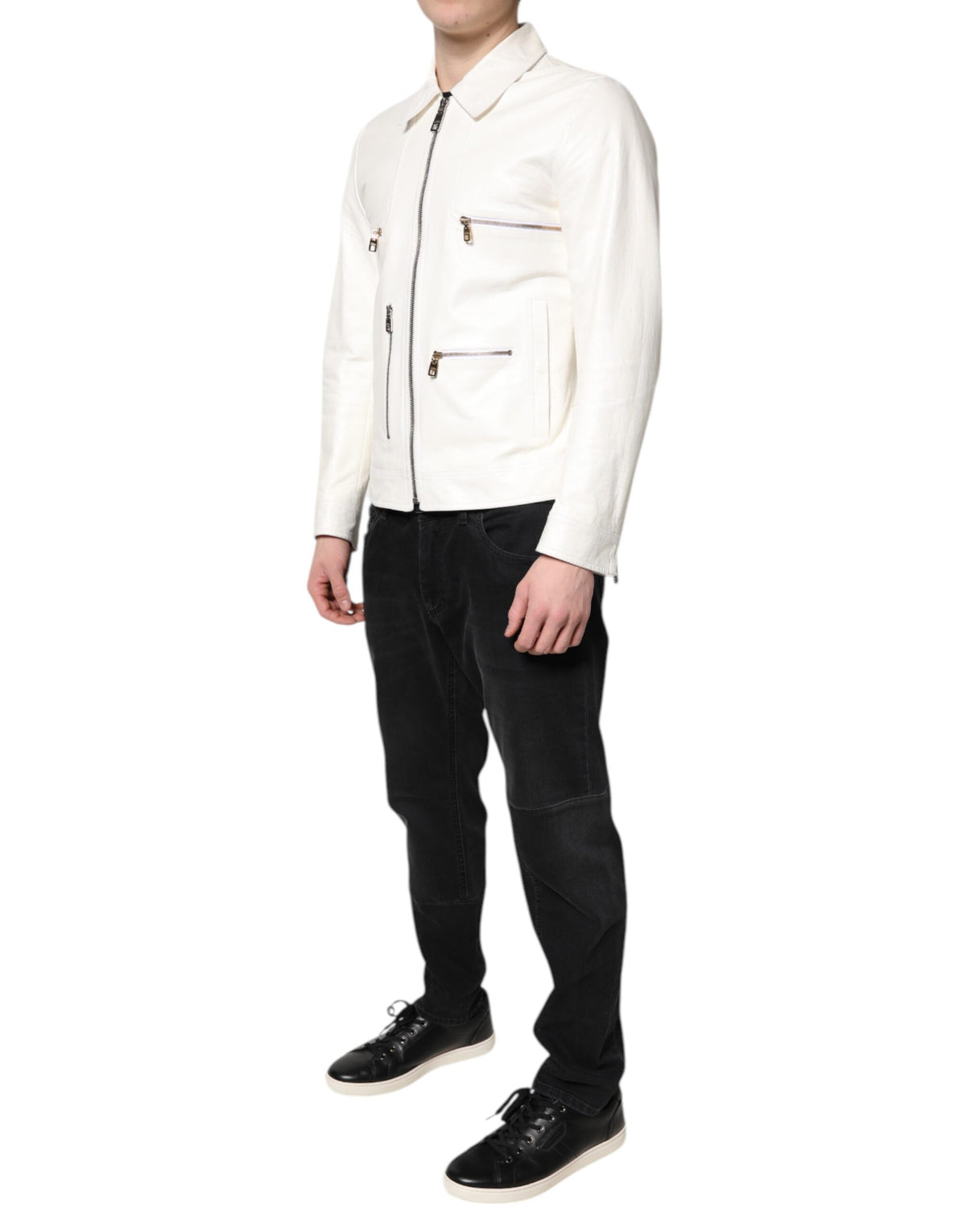 New Dolce & Gabbana White Collared Full Zip Biker Coat Jacket