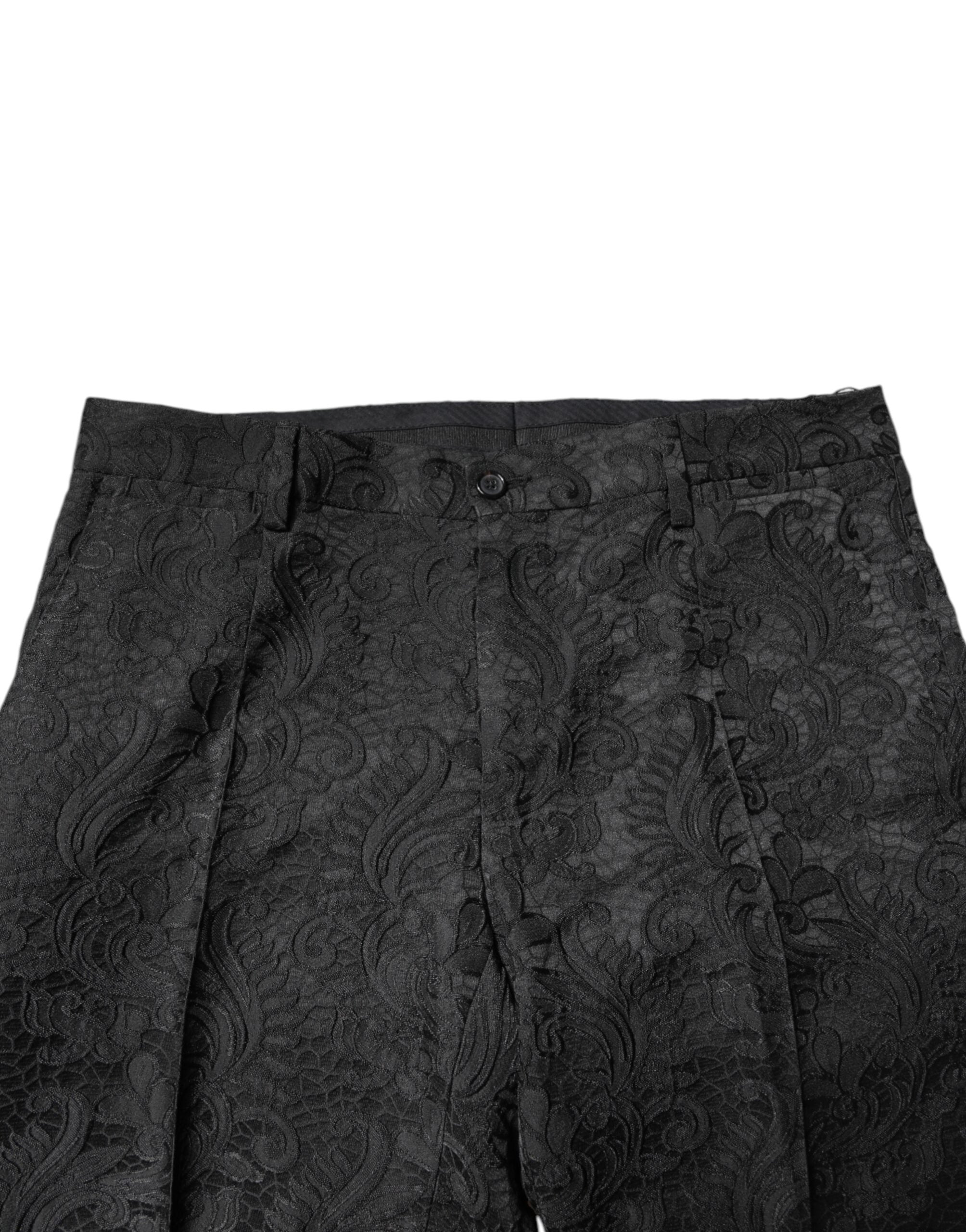 New Dolce & Gabbana Black Floral Jacquard Mid Waist Dress Pants