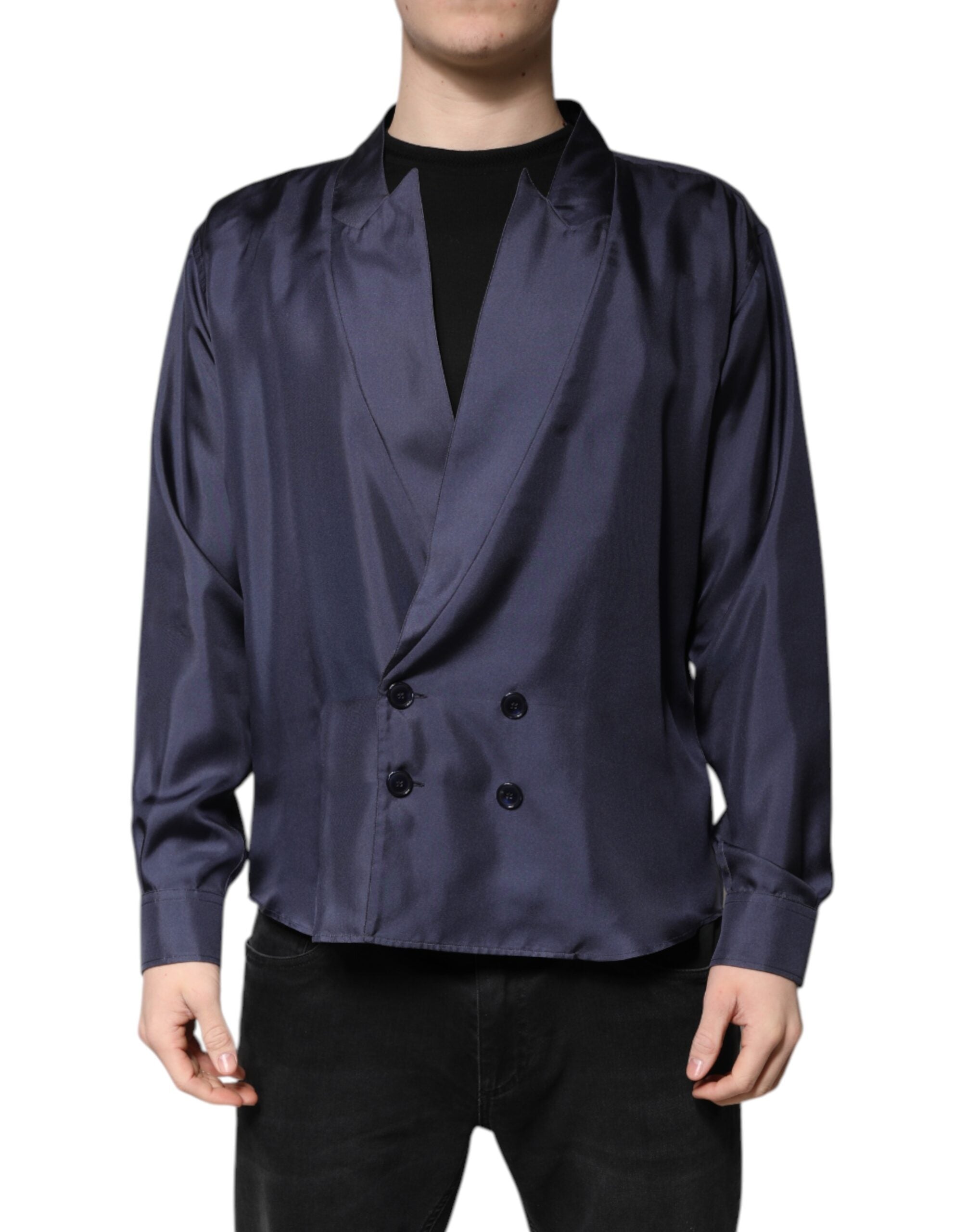 Dolce & Gabbana Dark Blue Silk Double Breasted Shirt
