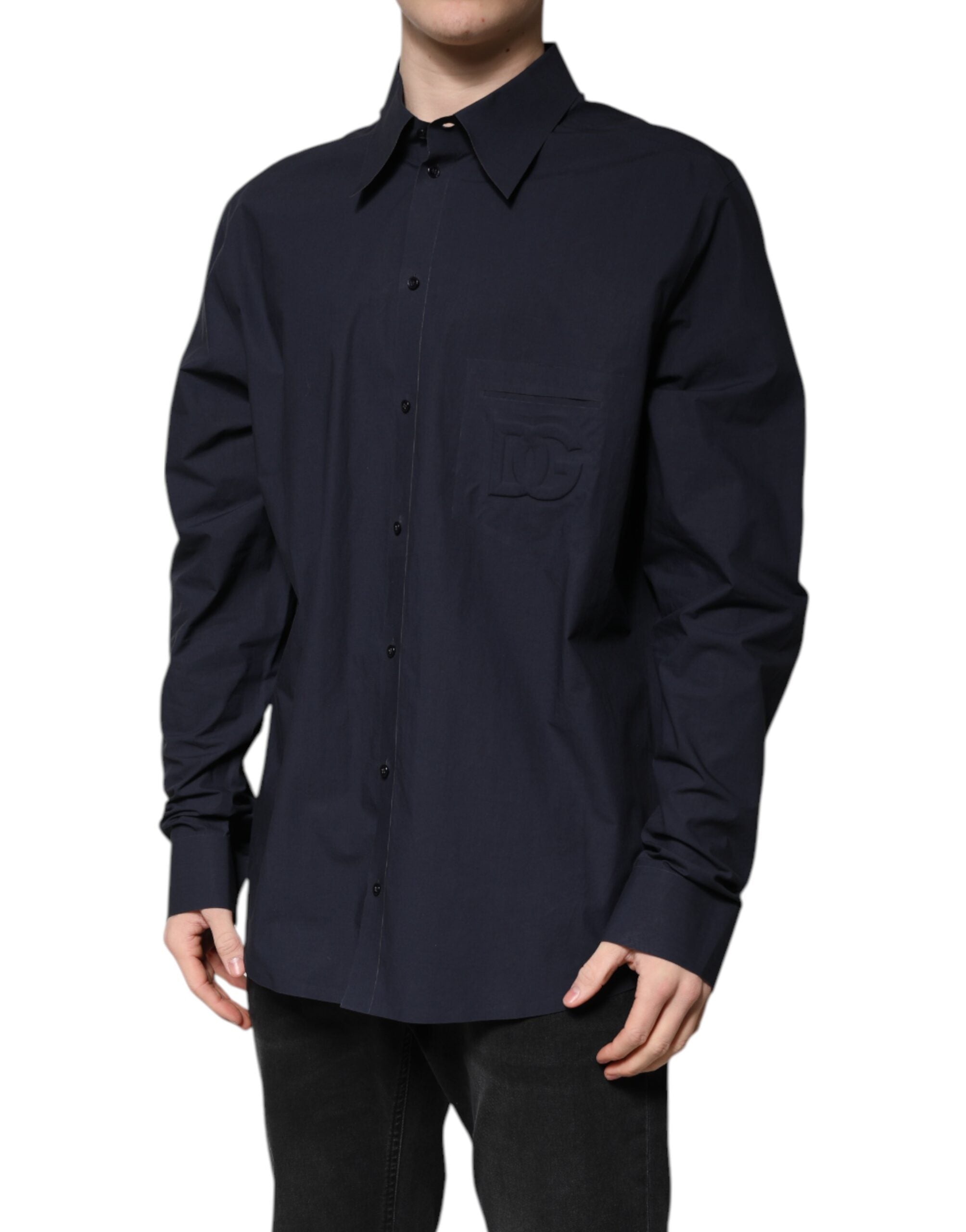 New Dolce & Gabbana Dark Blue Cotton Long Sleeve Shirt