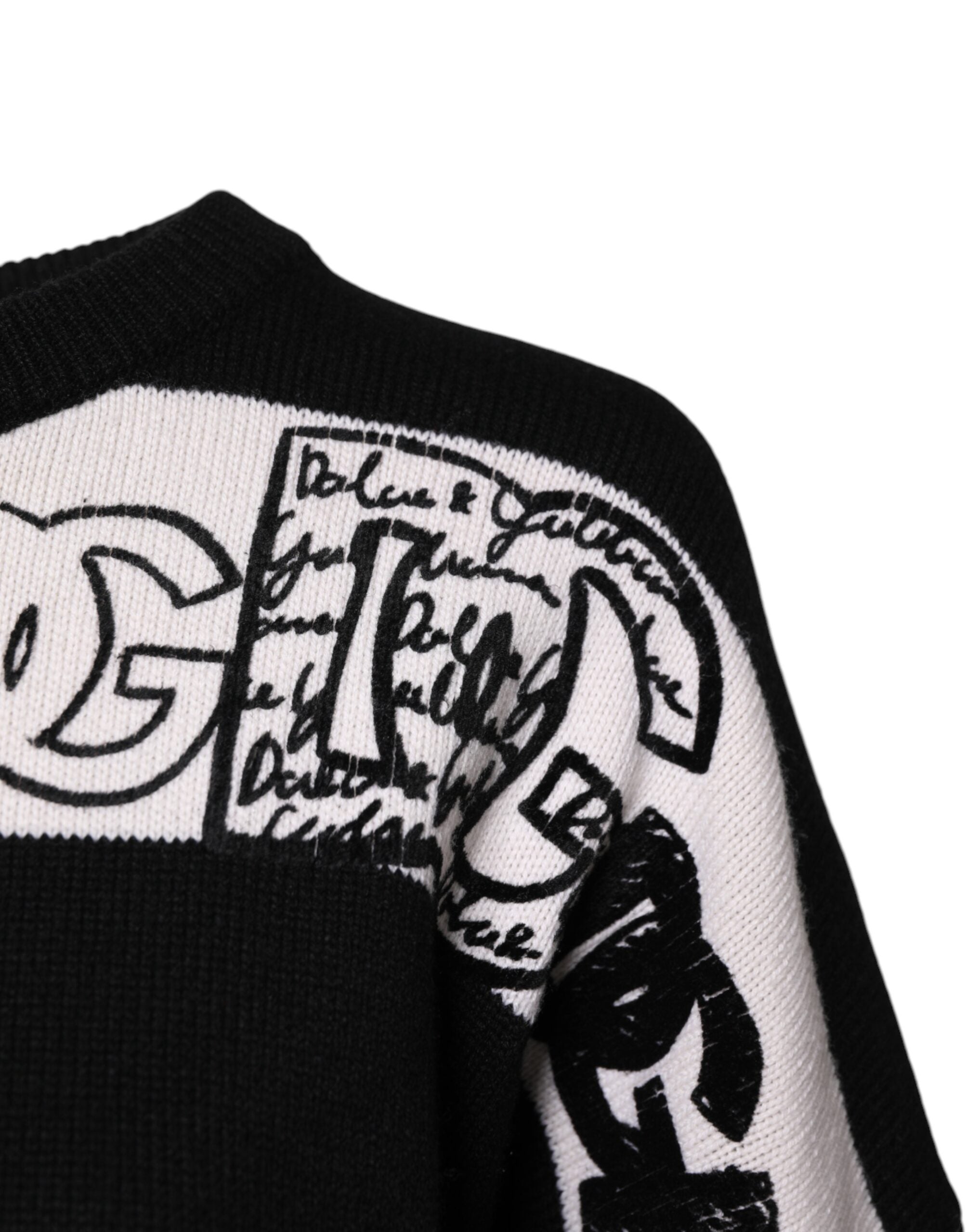 New Dolce & Gabbana Black White Logo Print Wool Pullover Sweater