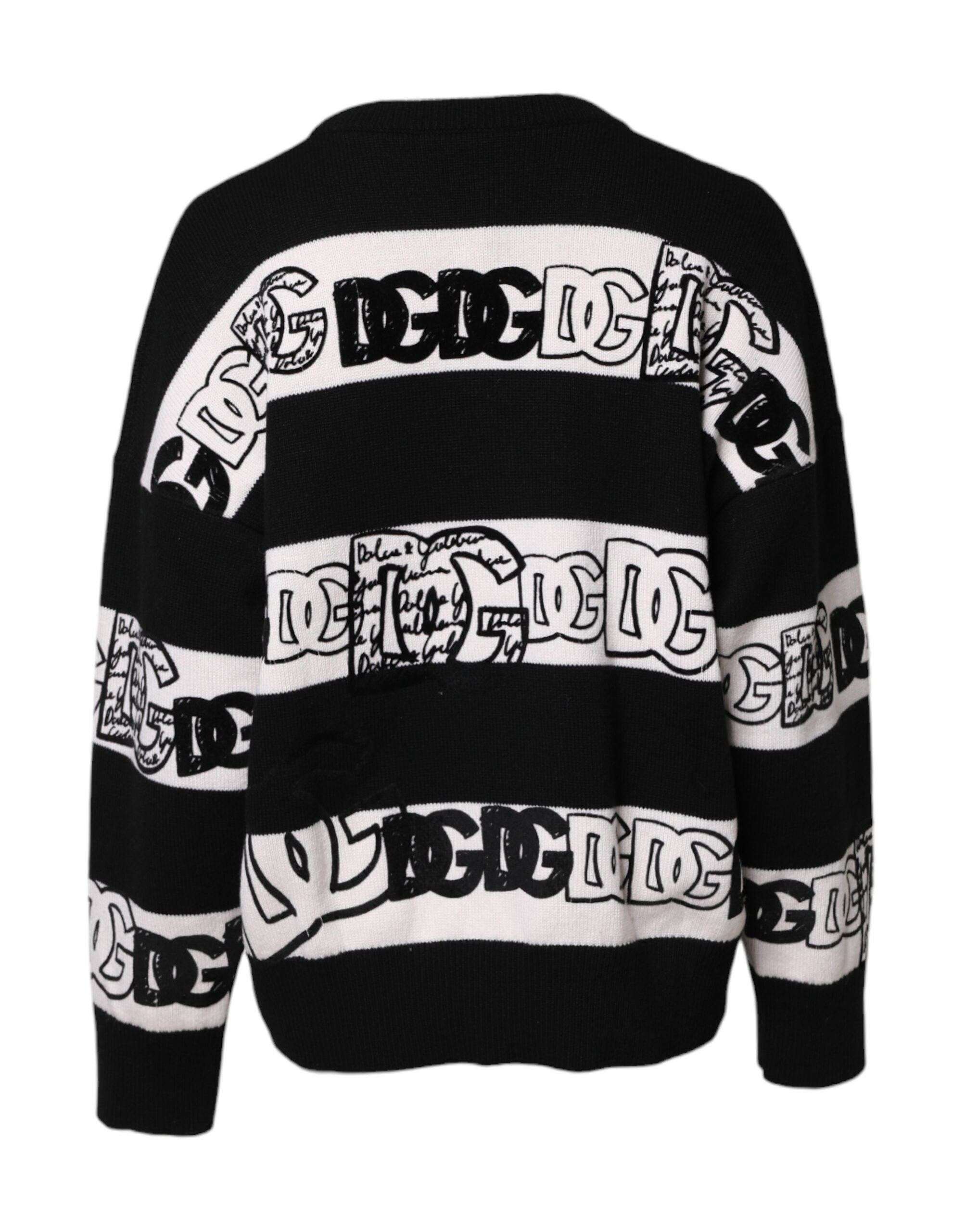 New Dolce & Gabbana Black White Logo Print Wool Pullover Sweater