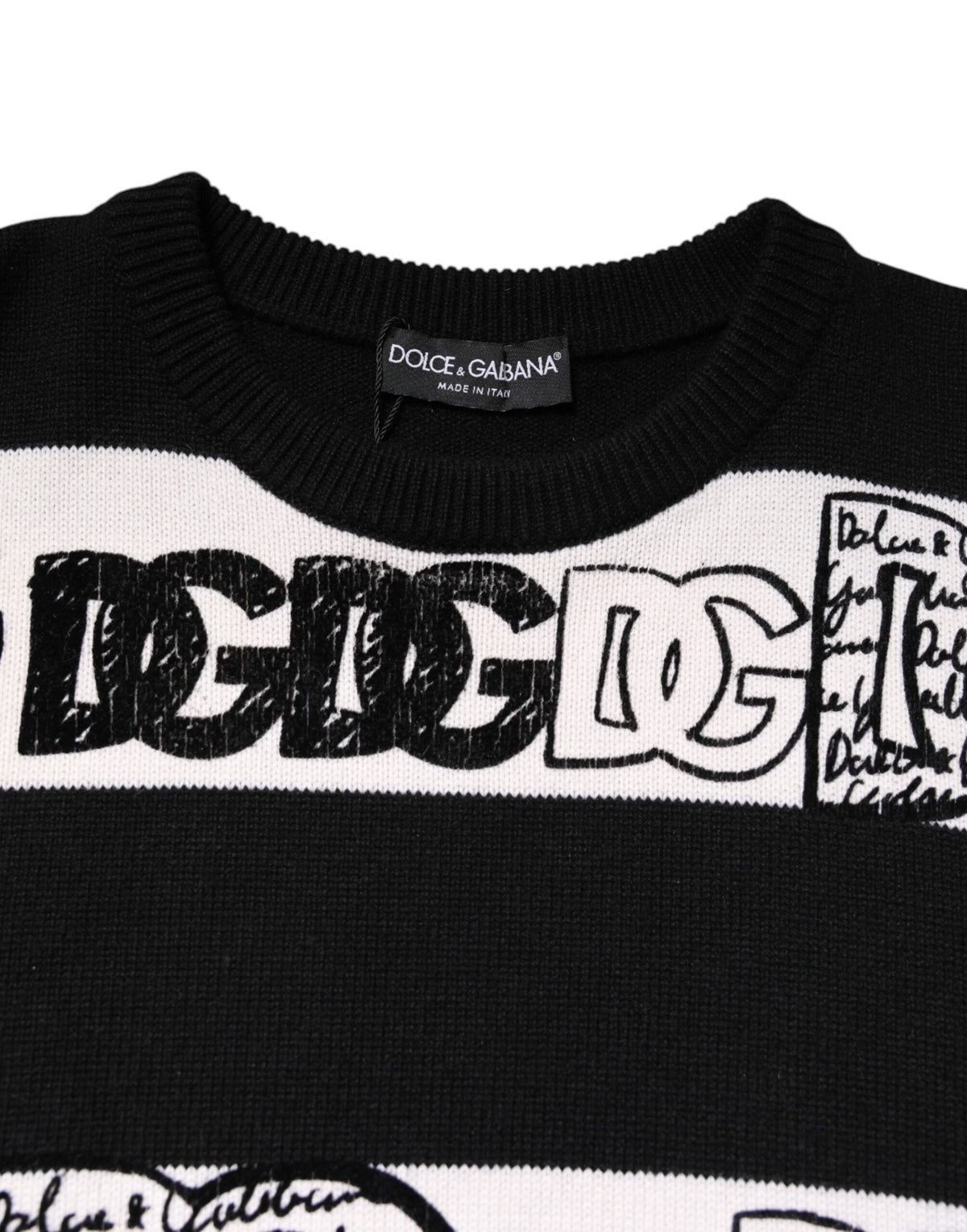 New Dolce & Gabbana Black White Logo Print Wool Pullover Sweater