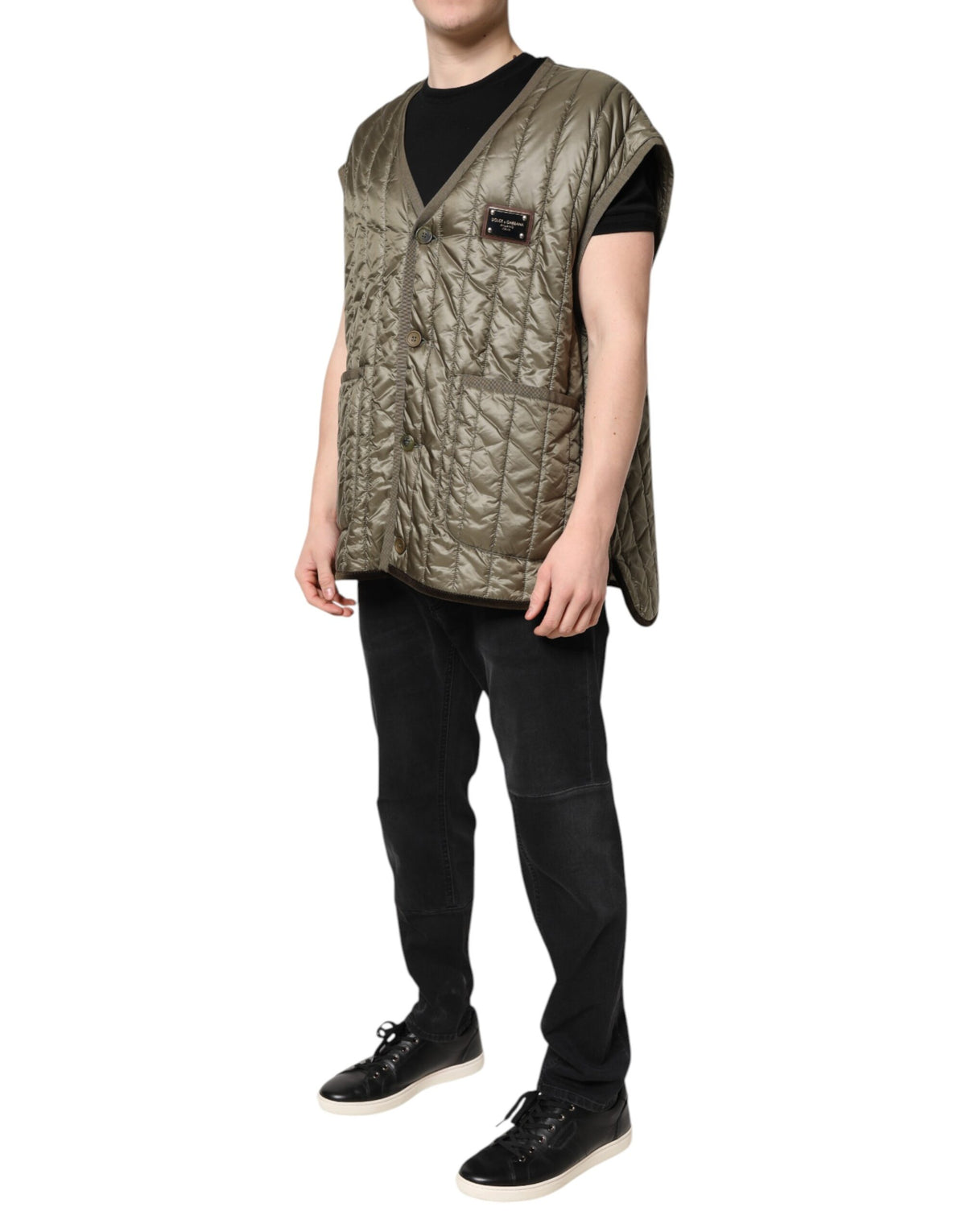 New Dolce & Gabbana Brown Logo Plaque Quilted Vest Jacket