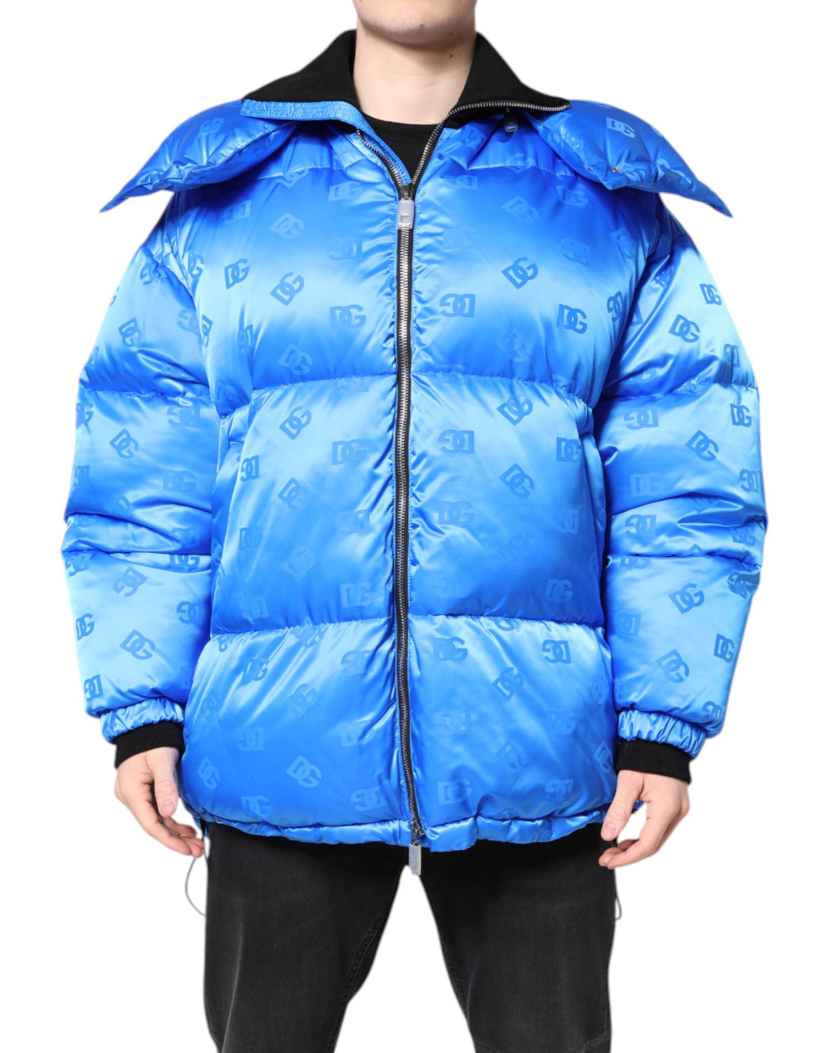 New Dolce & Gabbana Blue Logo Full Zip Hooded Quilted Jacket