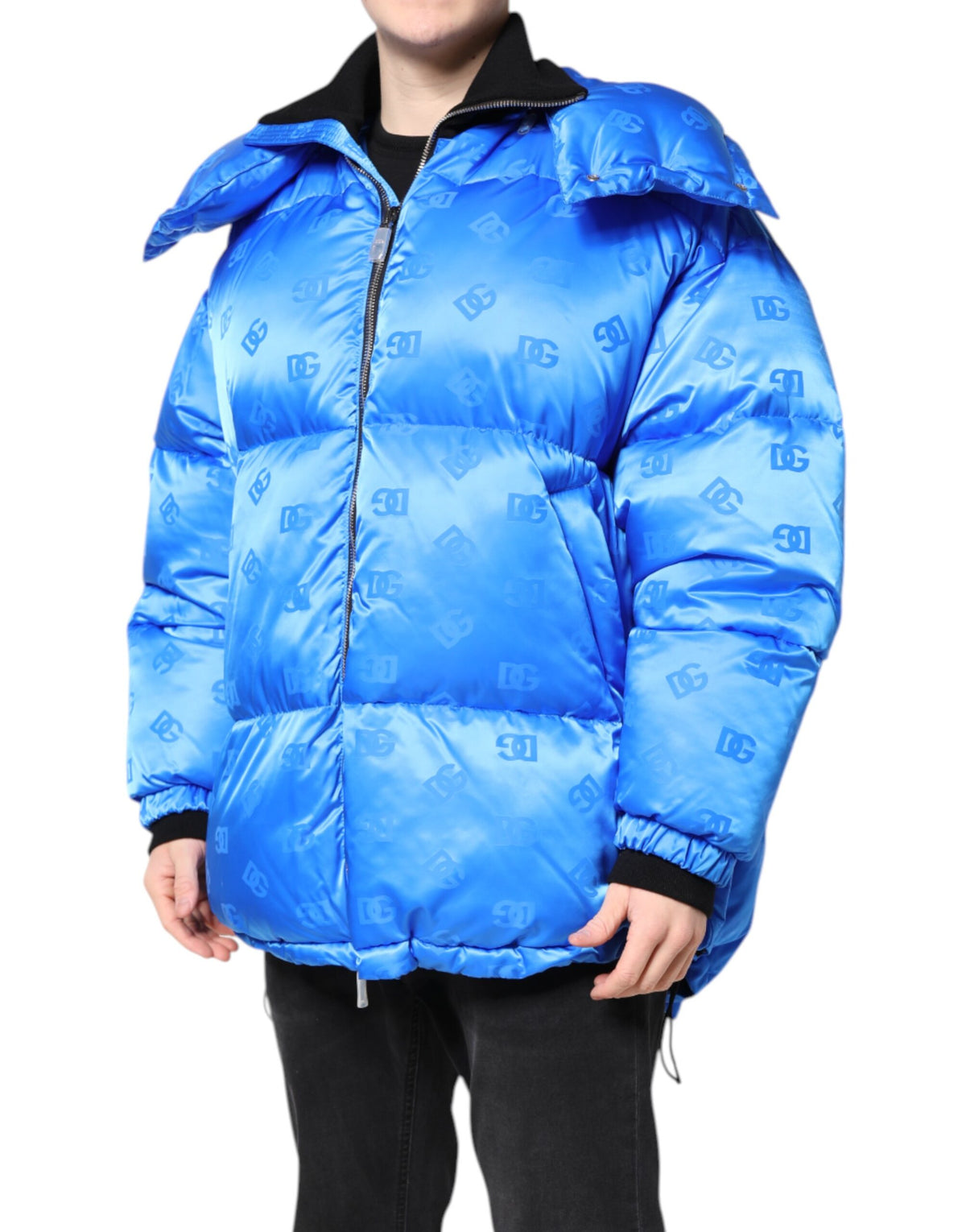 New Dolce & Gabbana Blue Logo Full Zip Hooded Quilted Jacket