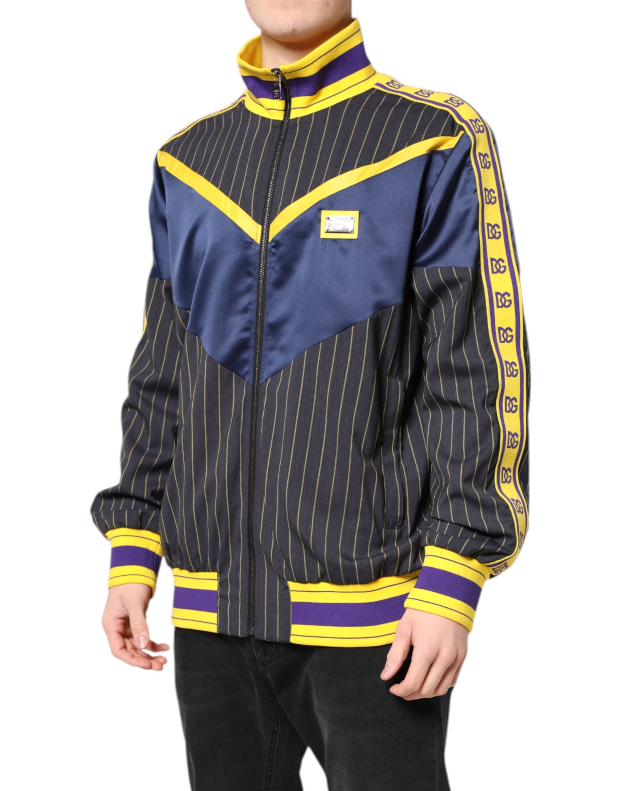 New Dolce & Gabbana Black Striped Logo Full Zip Bomber Jacket